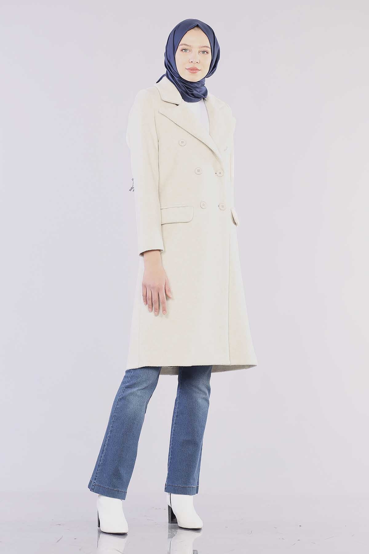 8519 Kaşe Kaban 38-44 - Krem - 2