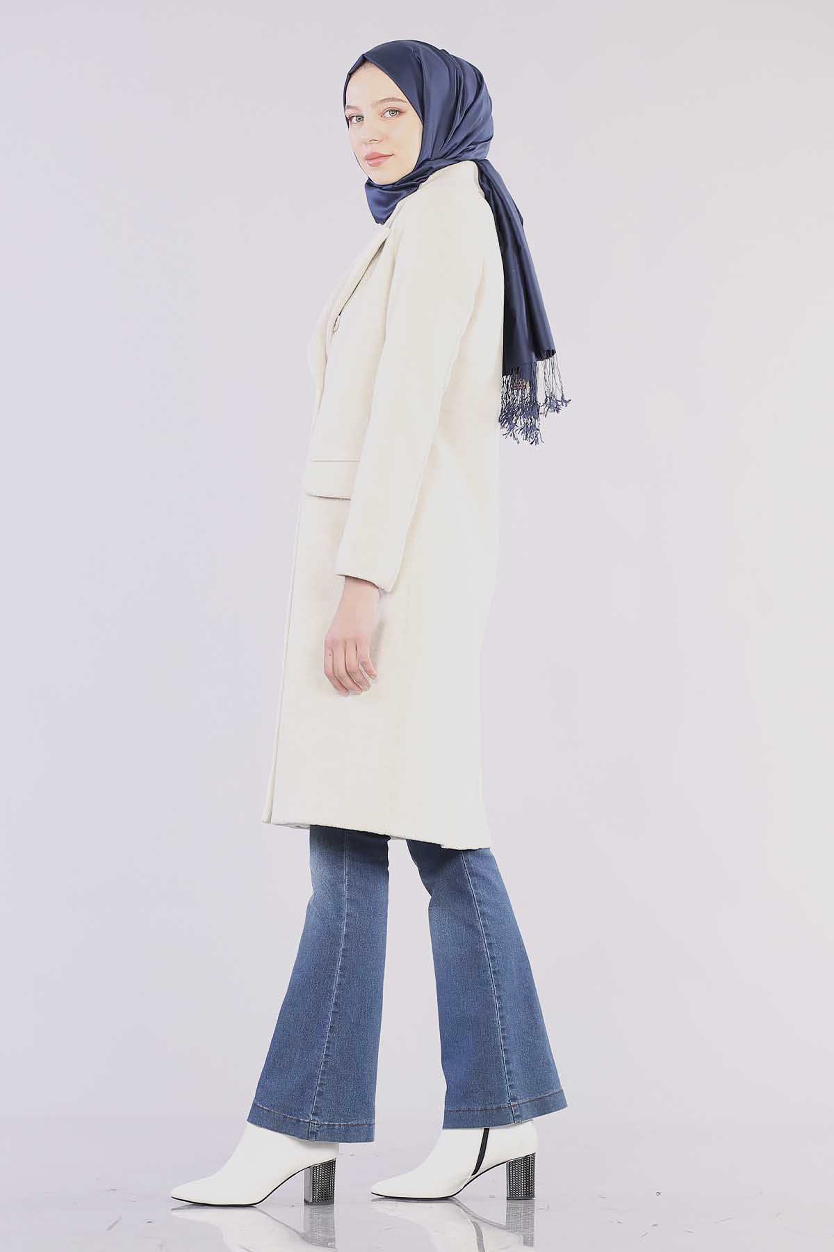 8519 Kaşe Kaban 38-44 - Krem - 5