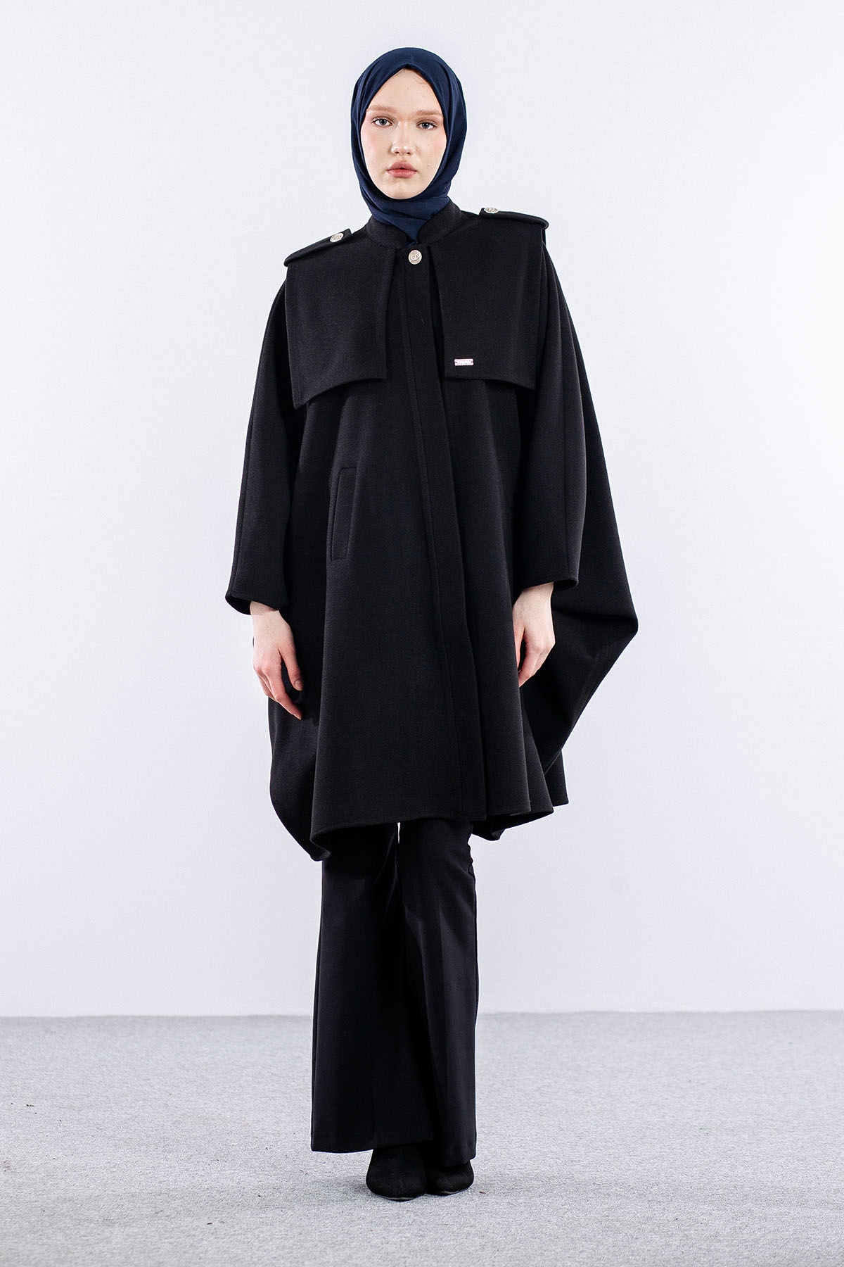 9059 Kaşe Pelerin Tek - Siyah - 1