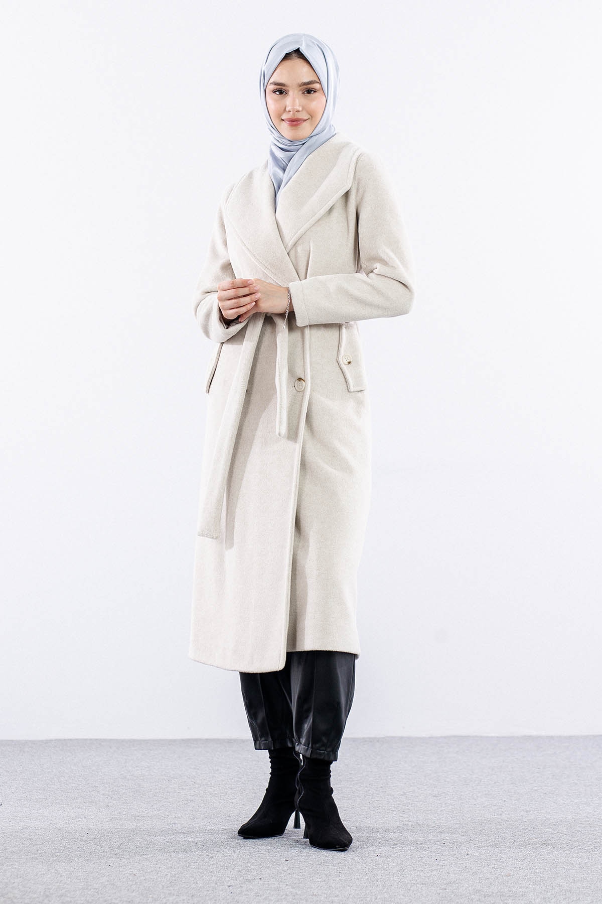 9144 Kaşe Kaban 36-48 - Ekru - 3