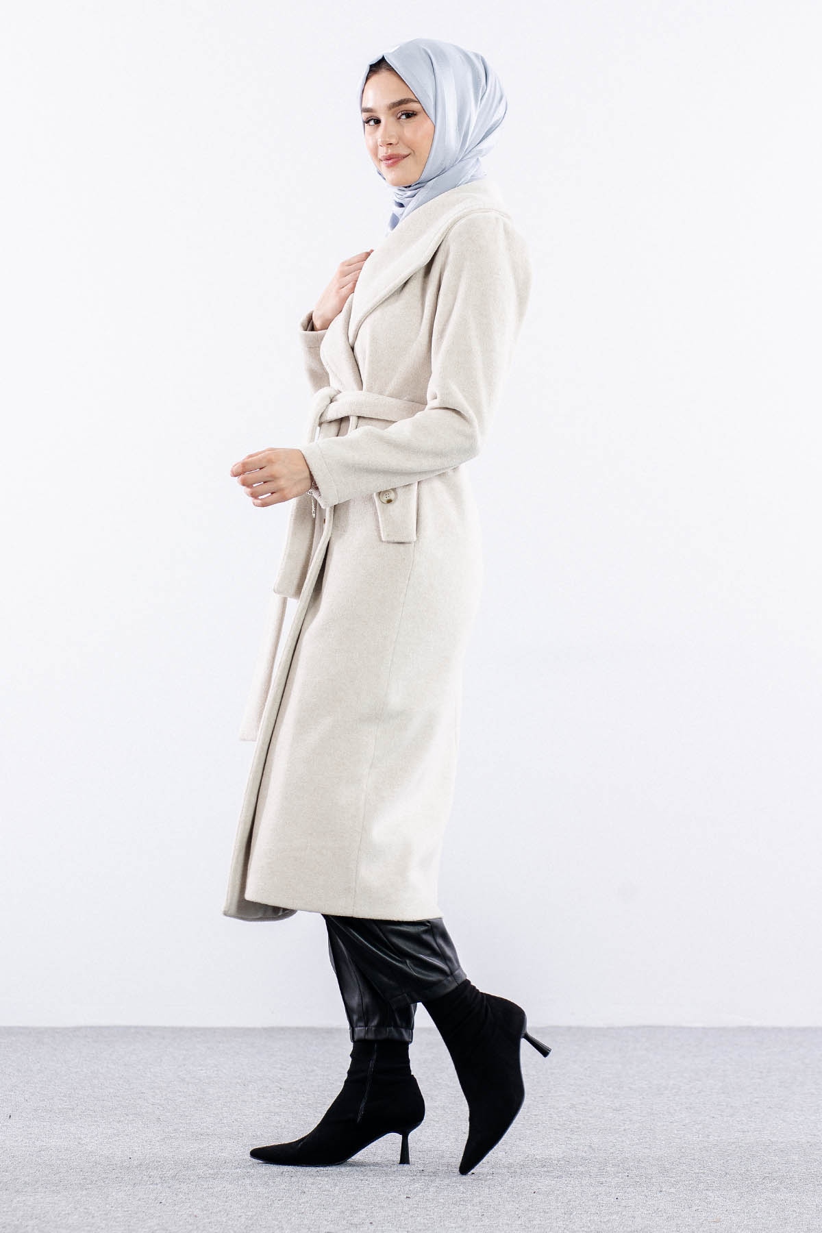 9144 Kaşe Kaban 36-48 - Ekru - 4