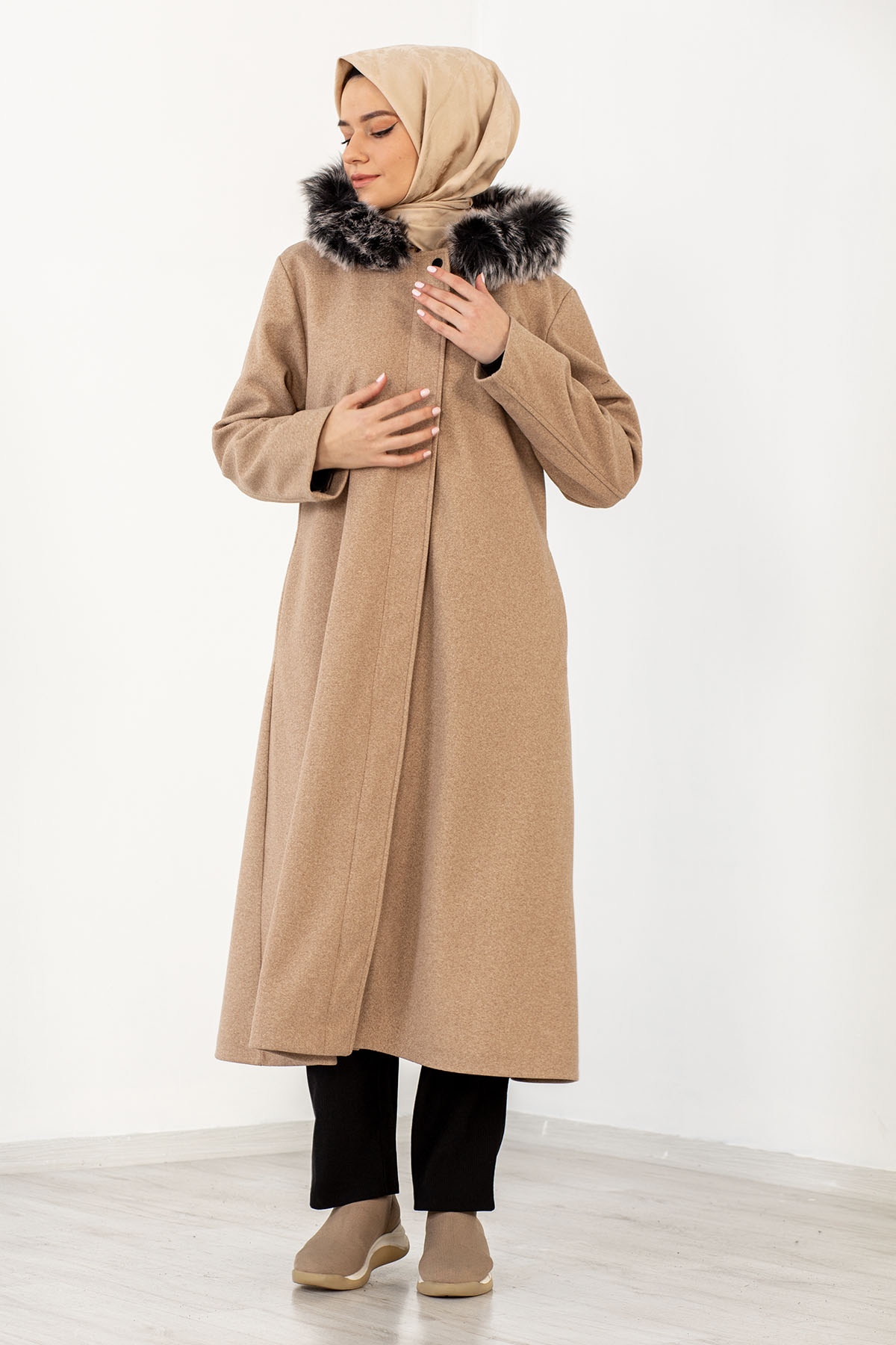 9150 Kapş Kaşe Kaban 44-52 - Camel - 1