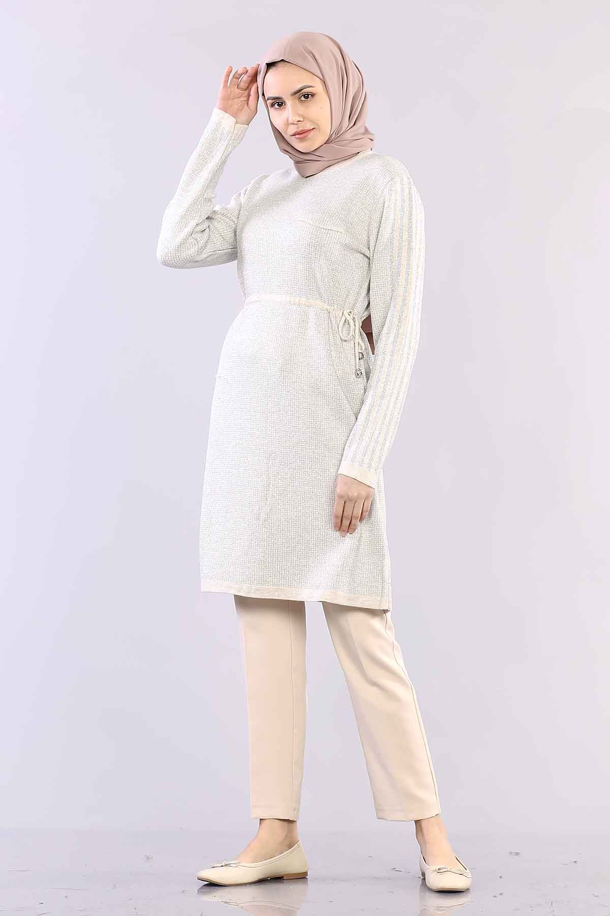 9243 Simli Tunik Tek - Krem - 1