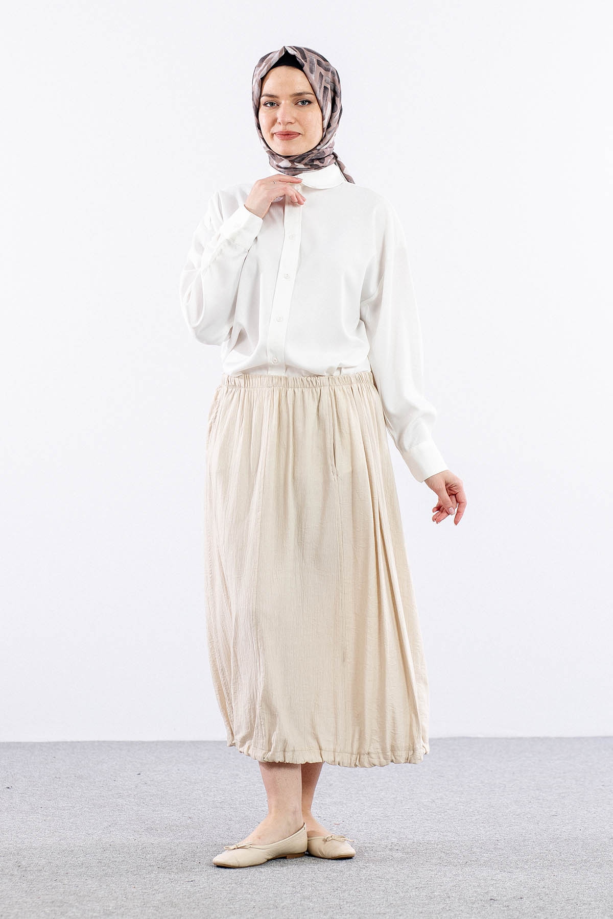 9483-00 Etek 36-42 Eteği Büzgü - Bej - 2