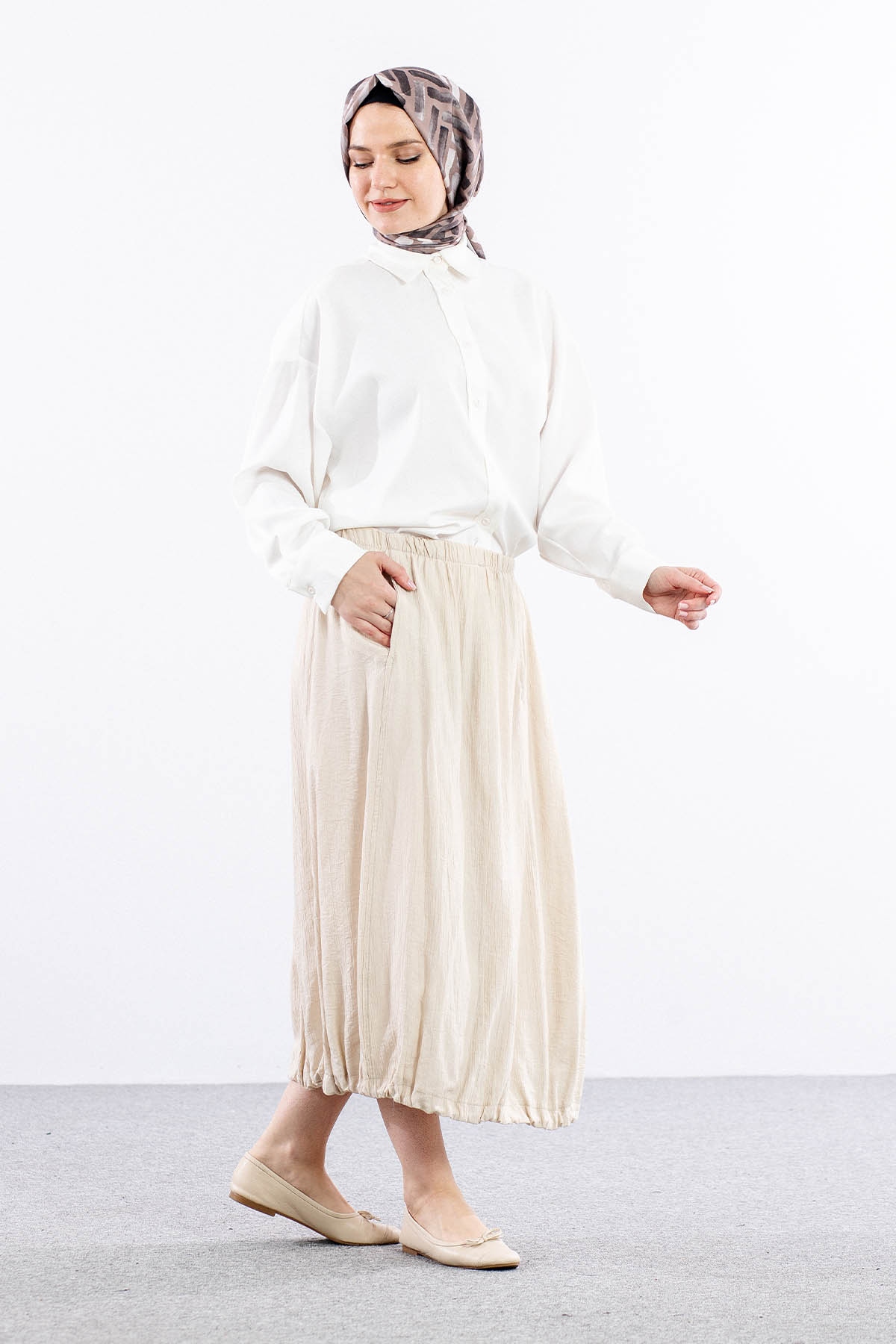 9483-00 Etek 36-42 Eteği Büzgü - Bej - 3