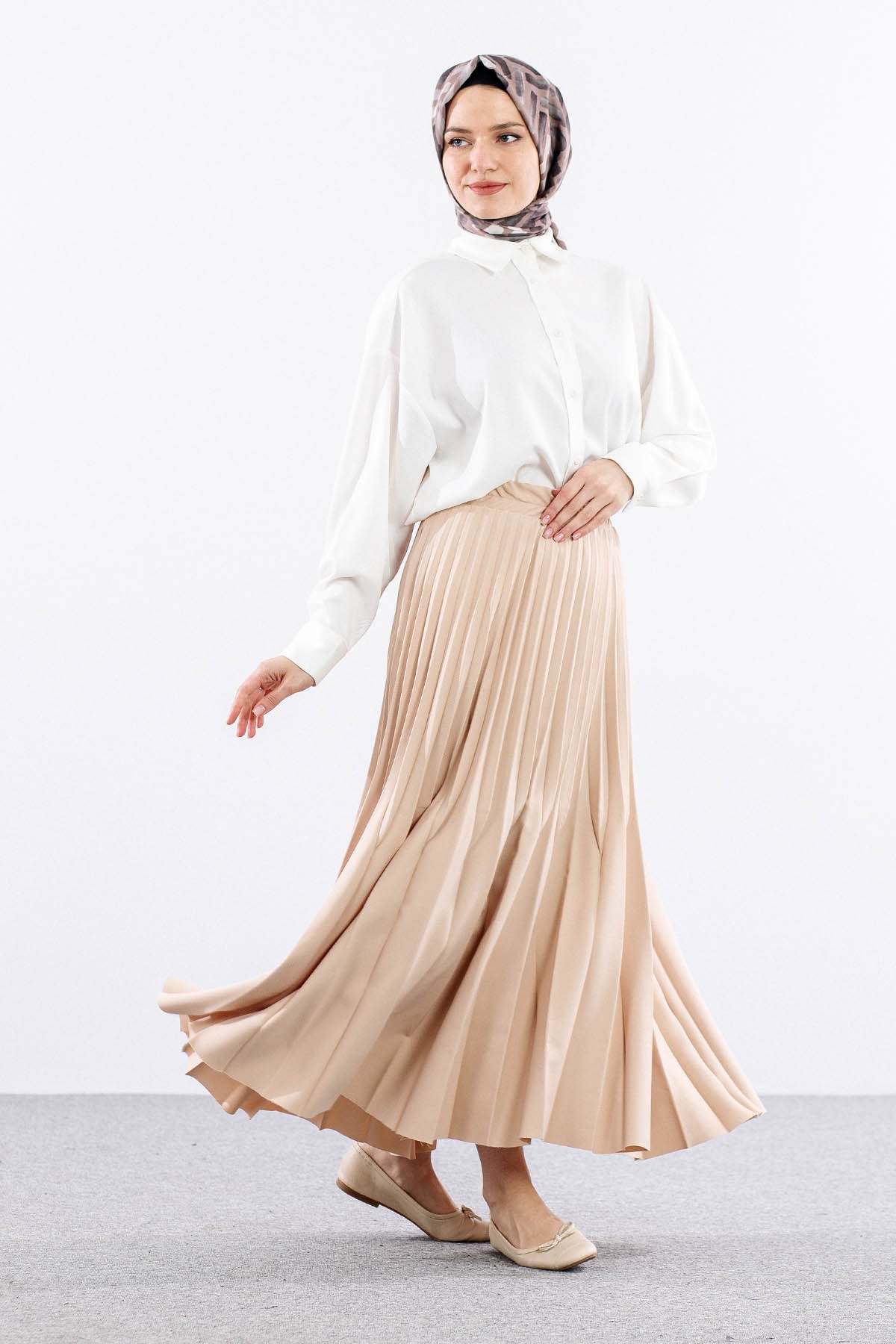 9499-00 Etek 36-42 Pliseli - Bej - 4