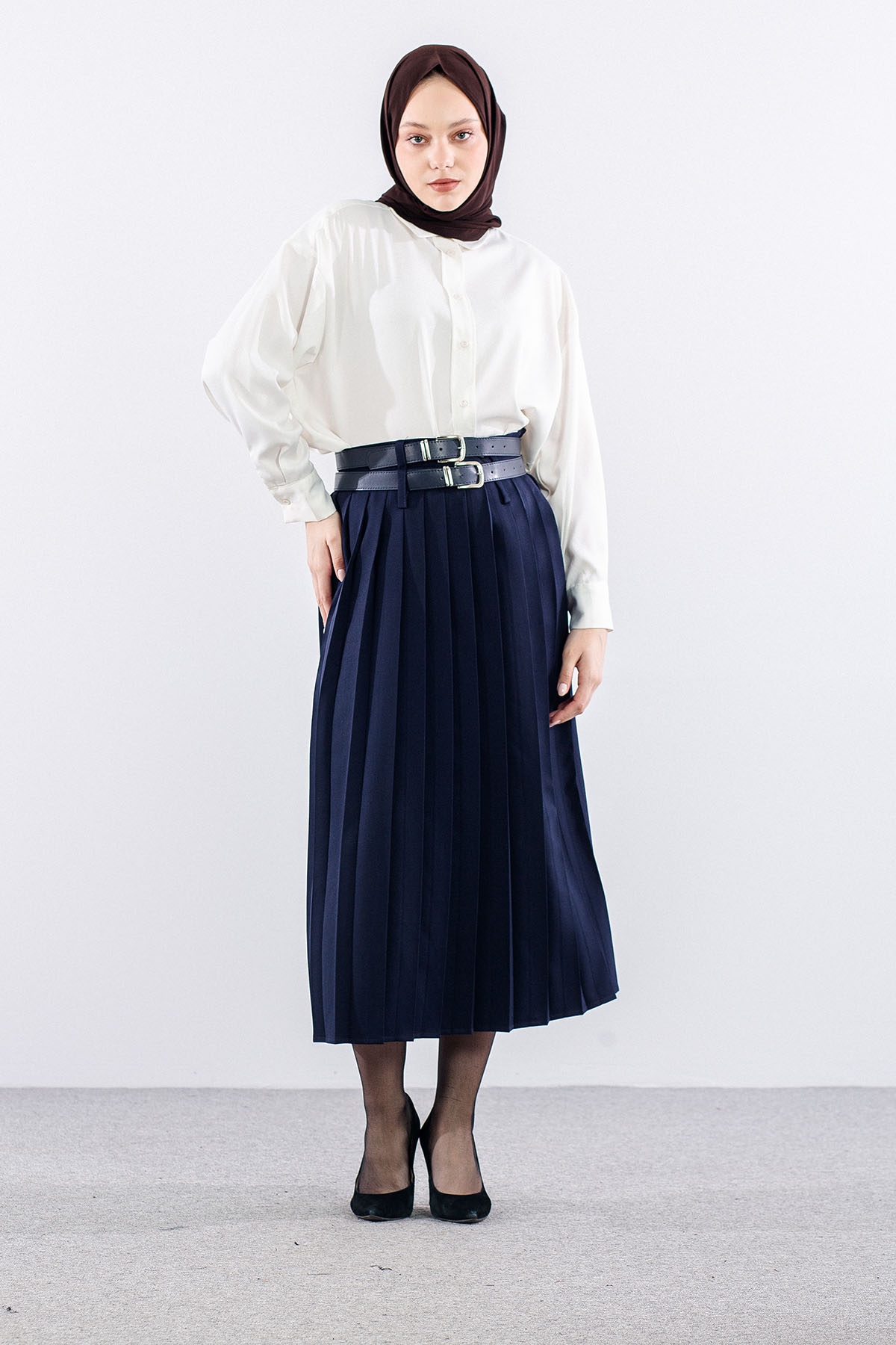 9505-50 Etek 38-44 Pli̇se Cift Kemer - Lacivert - 1