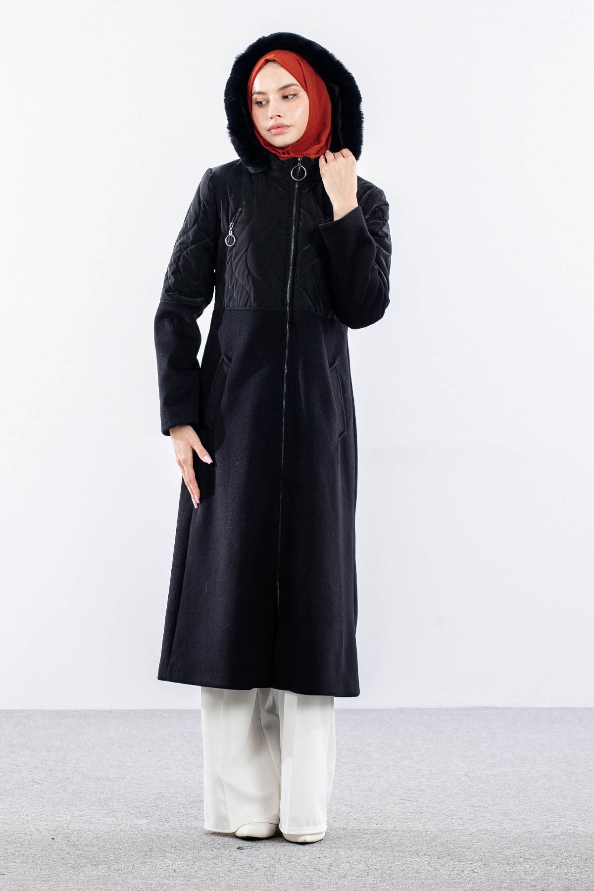 D-1457 Kaşe Kaban 38-42 Yari Kase Yari Sisme - Siyah - 1