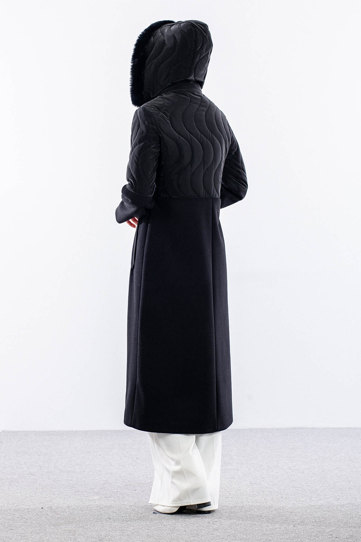 D-1457 Kaşe Kaban 38-42 Yari Kase Yari Sisme - Siyah - 3