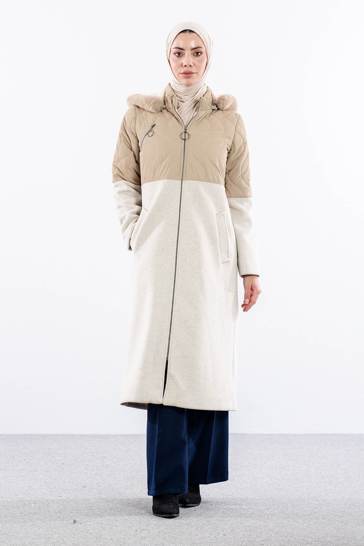 D-1458 Kaşe Kaban 38-44 Yari Kase Yari Sisme - Bej - 1