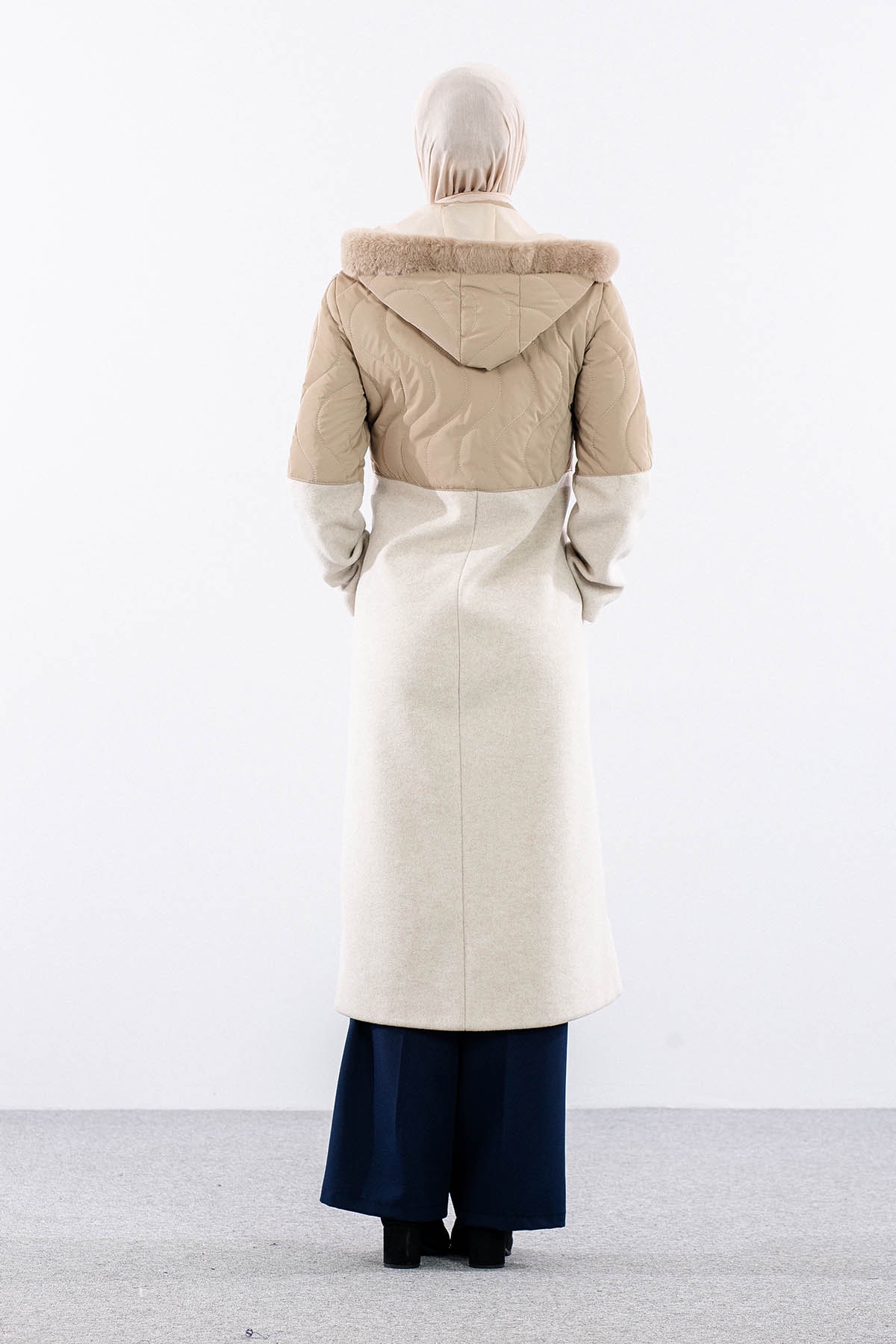 D-1458 Kaşe Kaban 38-44 Yari Kase Yari Sisme - Bej - 4