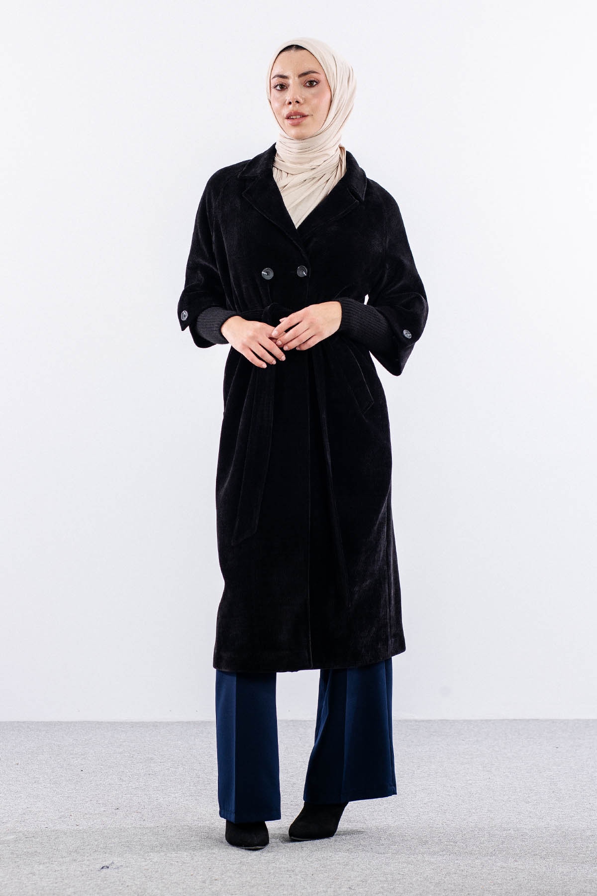 D-1478 Kadife Kaban 38-44 Cift Kol - Siyah - 2