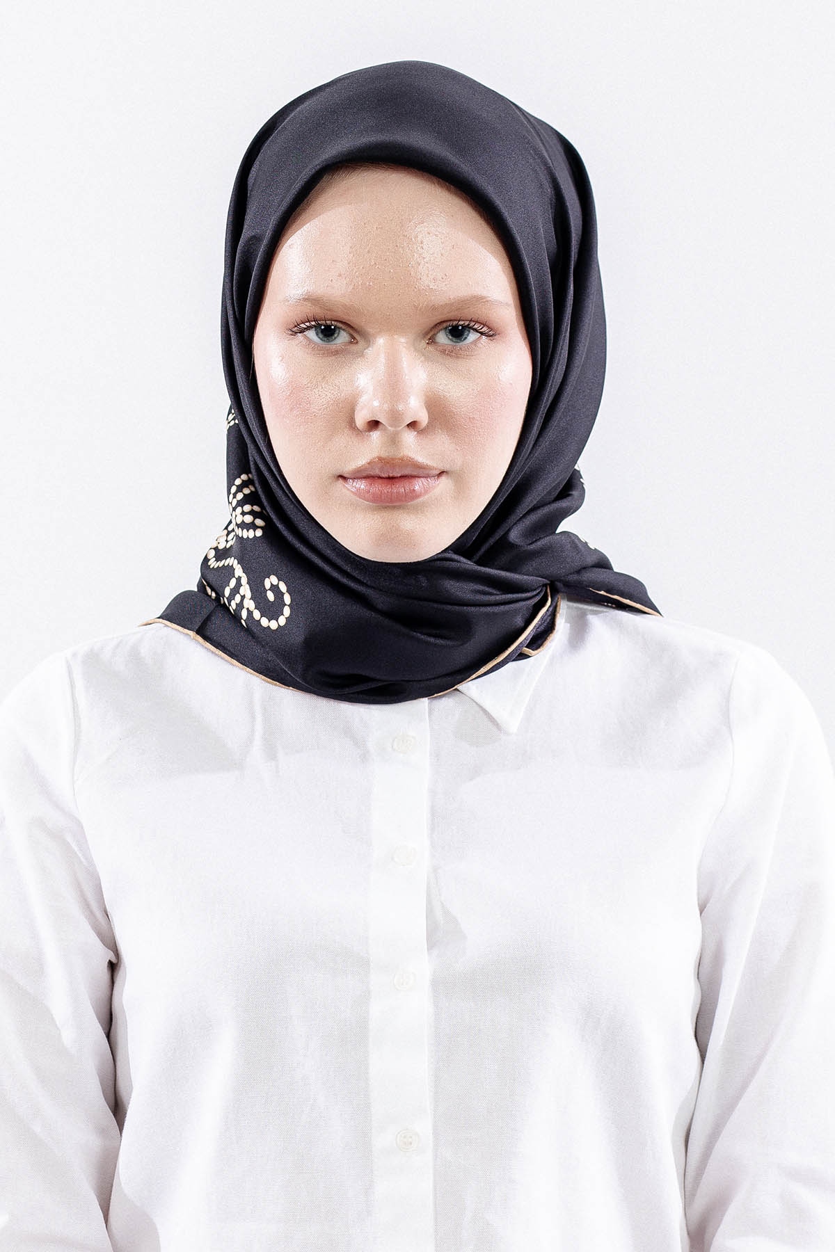 Dg11109 İpek Eşarp 90*90 Tvil Inci - Siyah_bej - 1