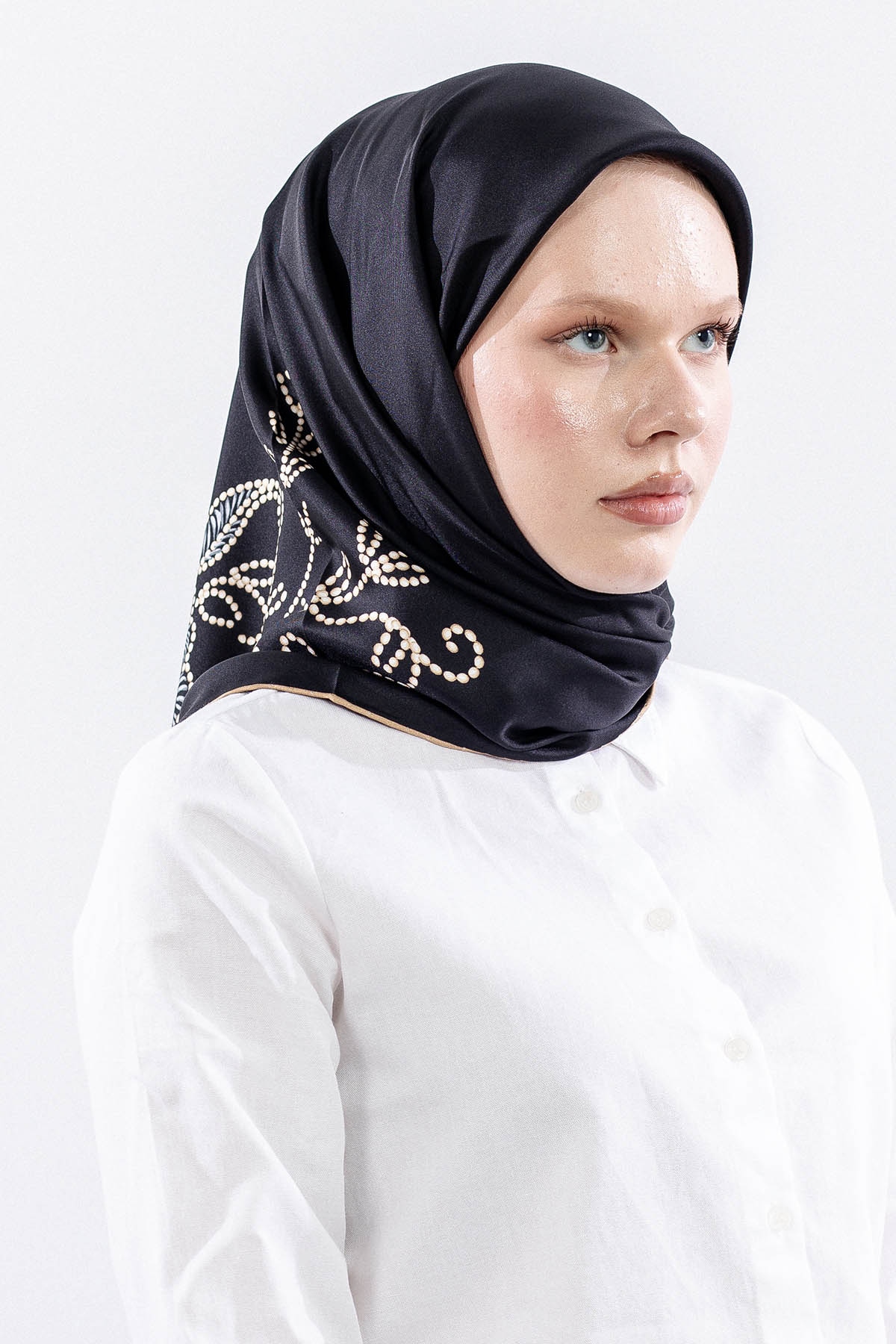 Dg11109 İpek Eşarp 90*90 Tvil Inci - Siyah_bej - 2