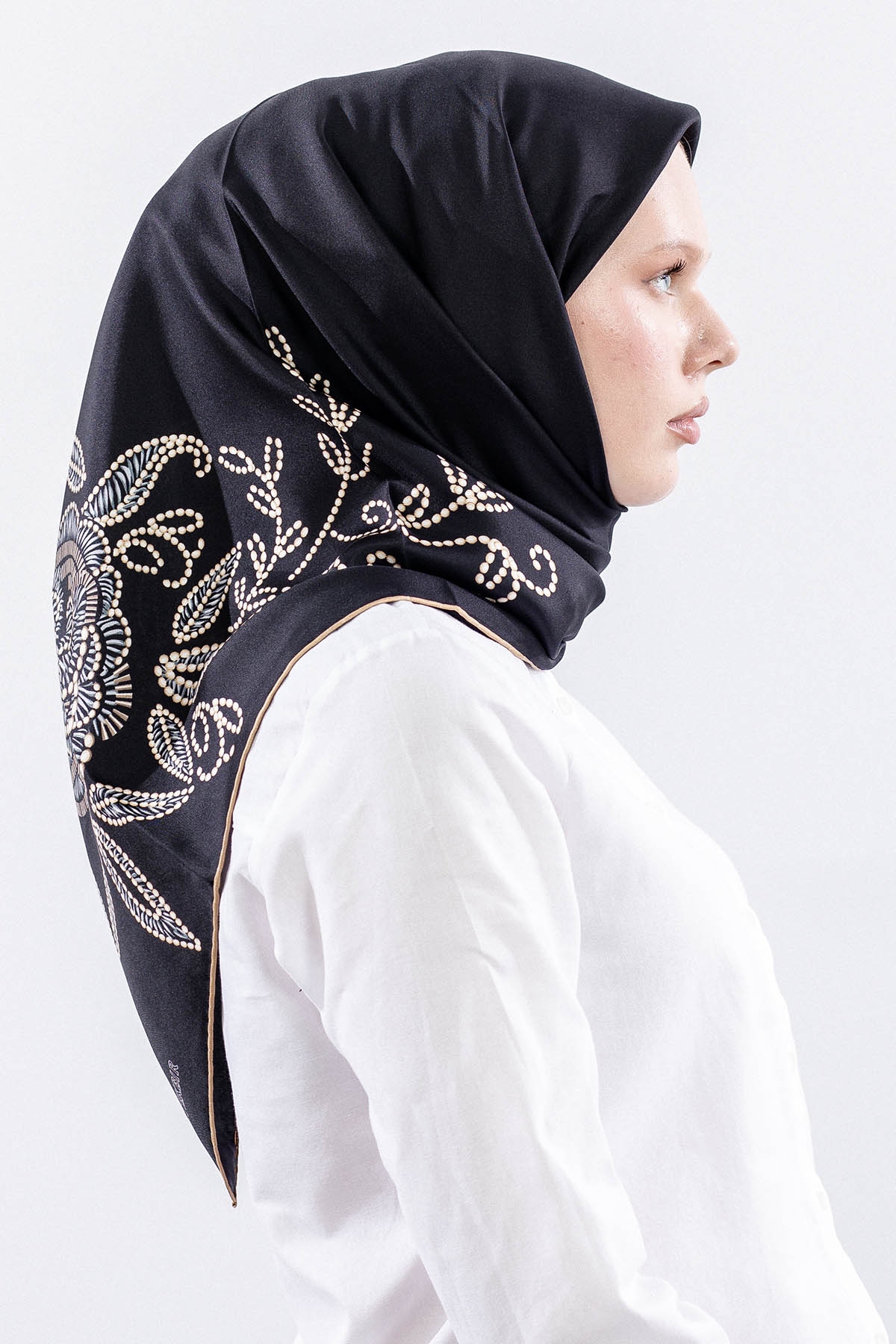 Dg11109 İpek Eşarp 90*90 Tvil Inci - Siyah_bej - 3