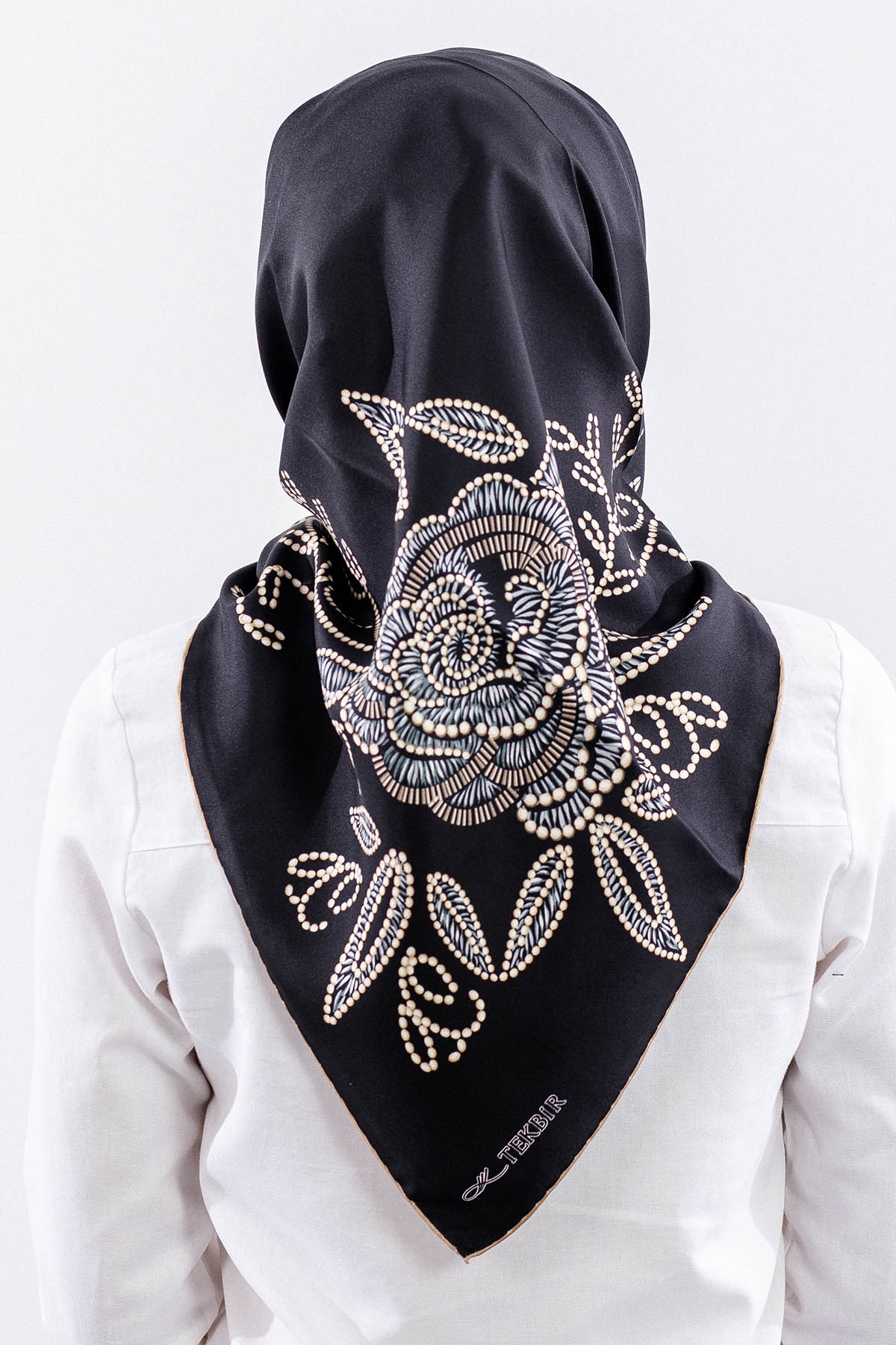 Dg11109 İpek Eşarp 90*90 Tvil Inci - Siyah_bej - 4