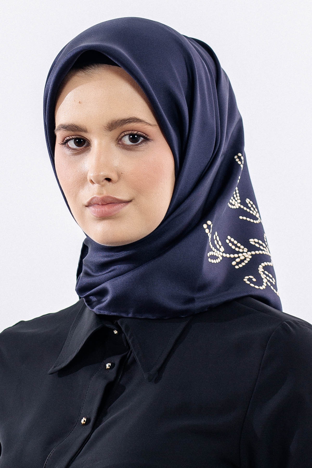 Dg11109 İpek Eşarp 90*90 Tvil - Lacivert_bej - 1