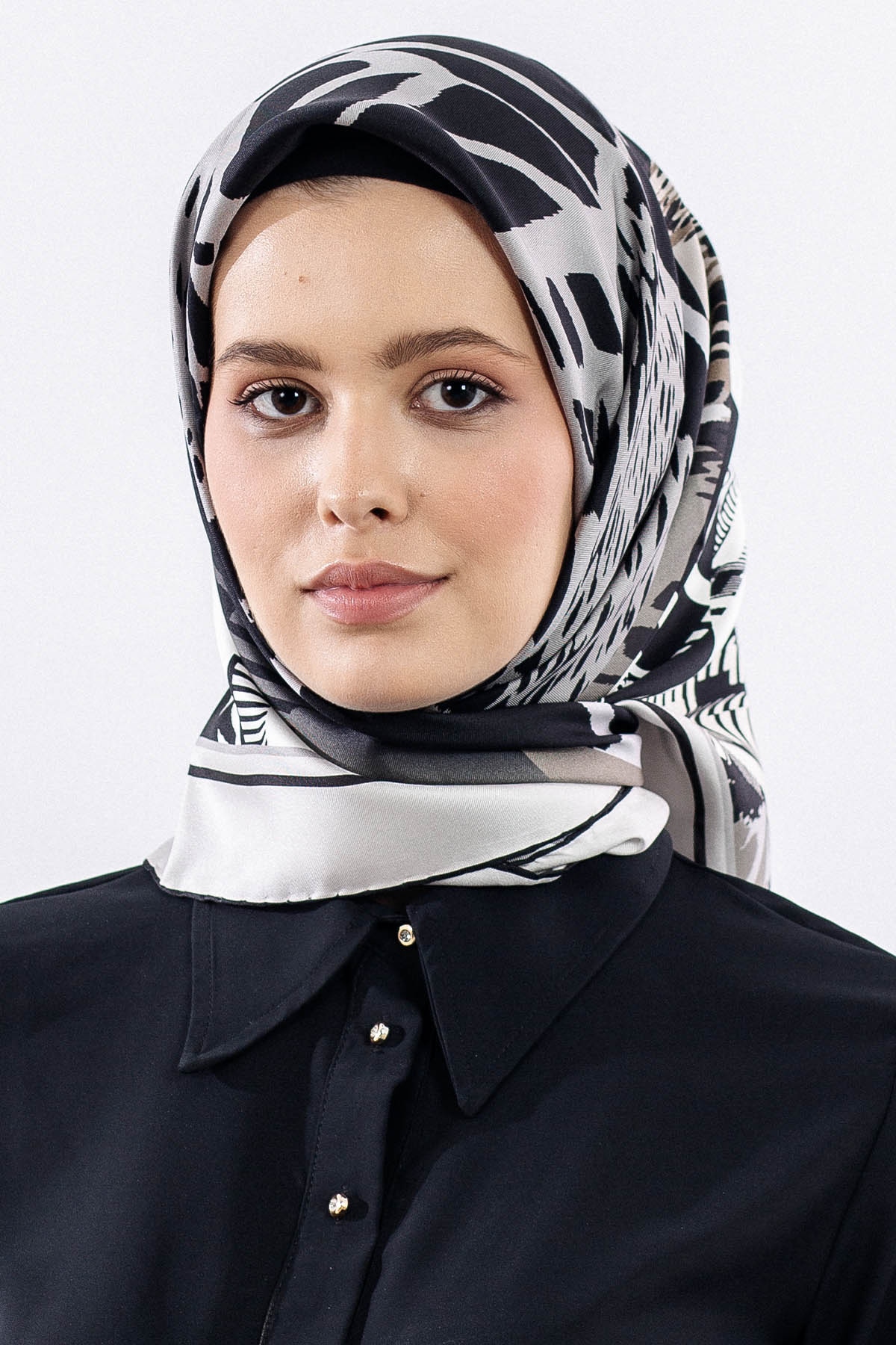 Dg11110 İpek Eşarp 90*90 Tvil - Siyah_gri - 1