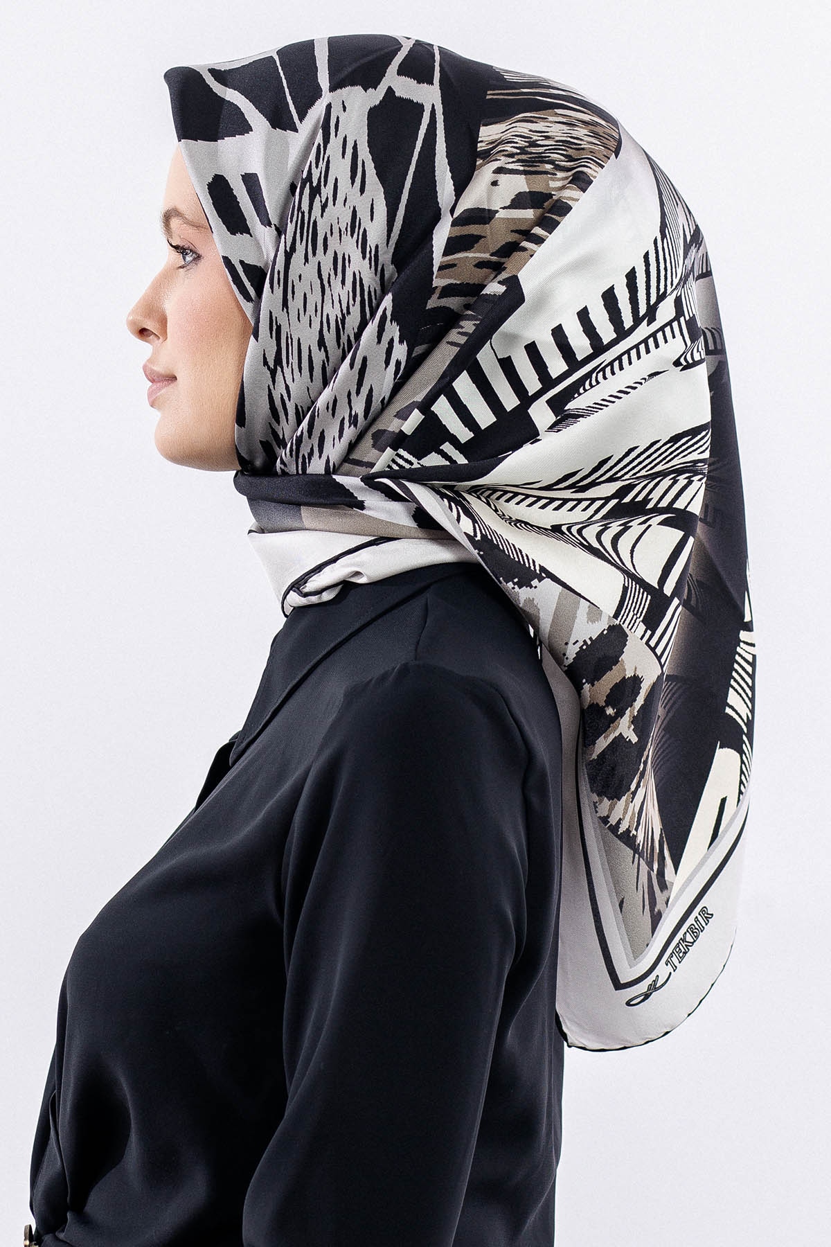 Dg11110 İpek Eşarp 90*90 Tvil - Siyah_gri - 2