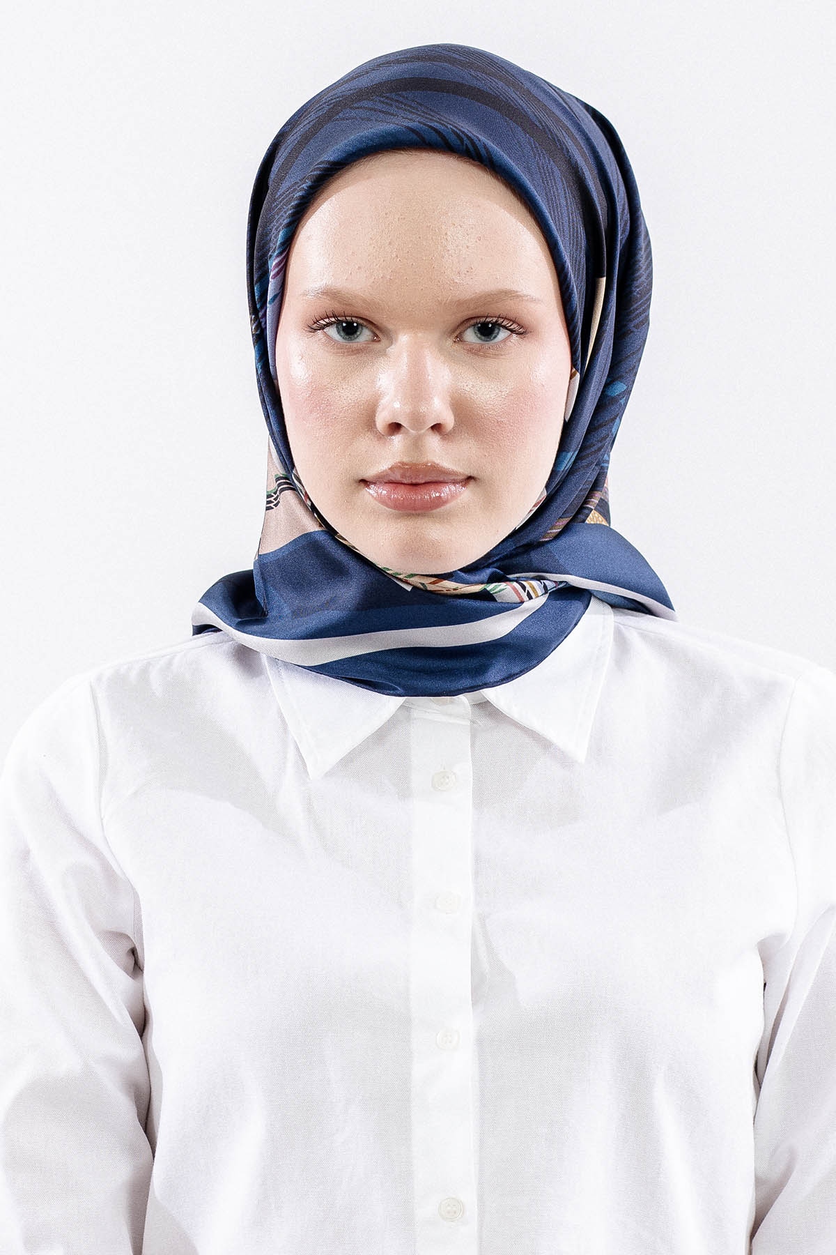 Dg11114 İpek Eşarp 90*90 Tvil Cizgi - Lacivert - 1