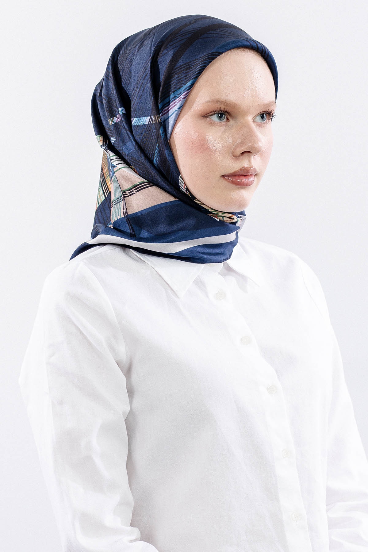 Dg11114 İpek Eşarp 90*90 Tvil Cizgi - Lacivert - 2