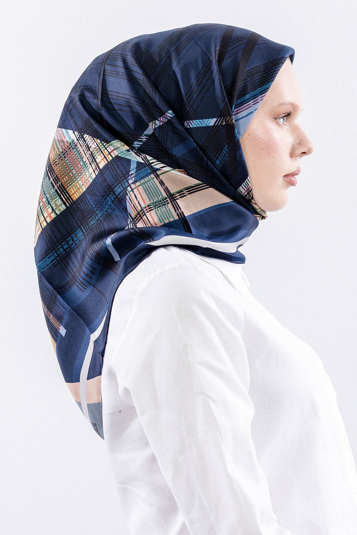 Dg11114 İpek Eşarp 90*90 Tvil Cizgi - Lacivert - 3