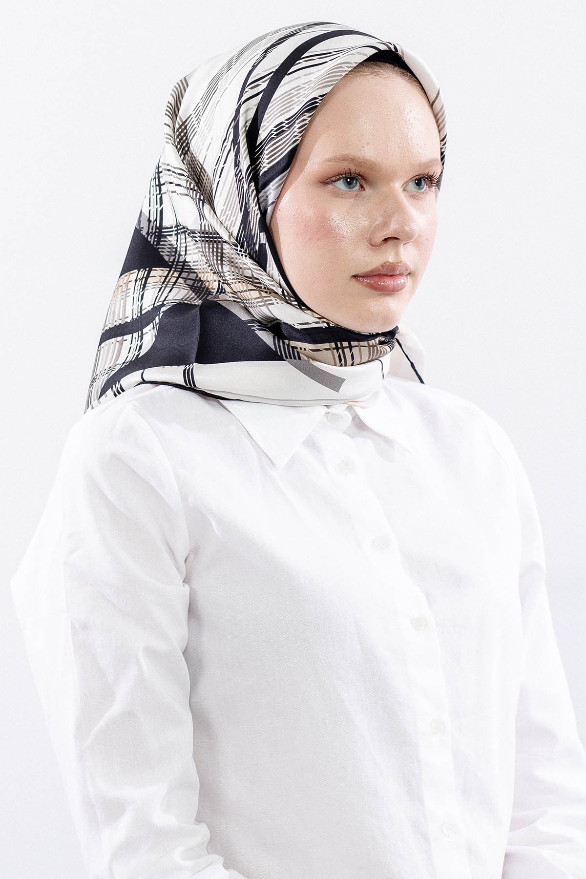 Dg11114 İpek Eşarp 90*90 Tvil Cizgi - Siyah_gri - 2