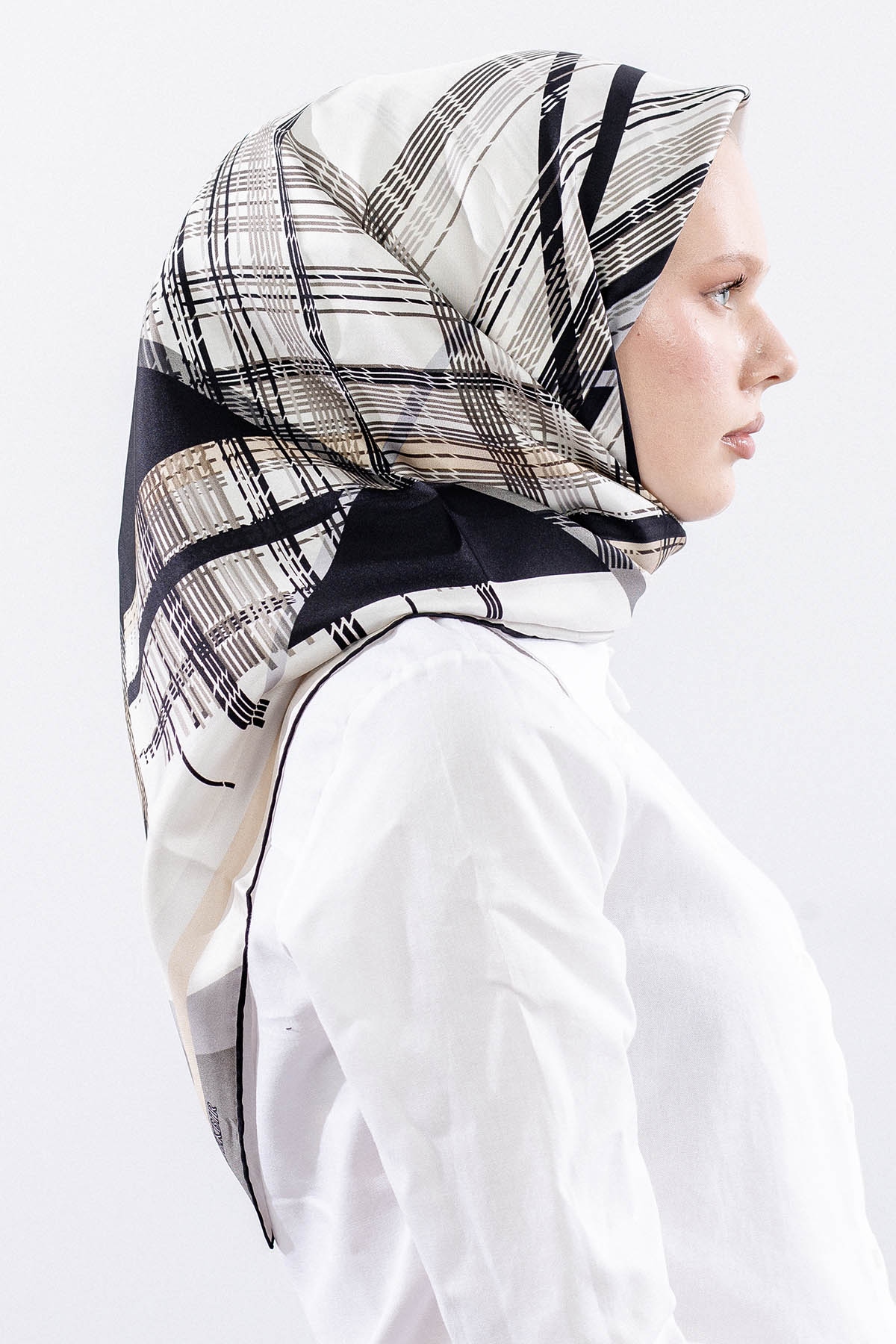 Dg11114 İpek Eşarp 90*90 Tvil Cizgi - Siyah_gri - 3