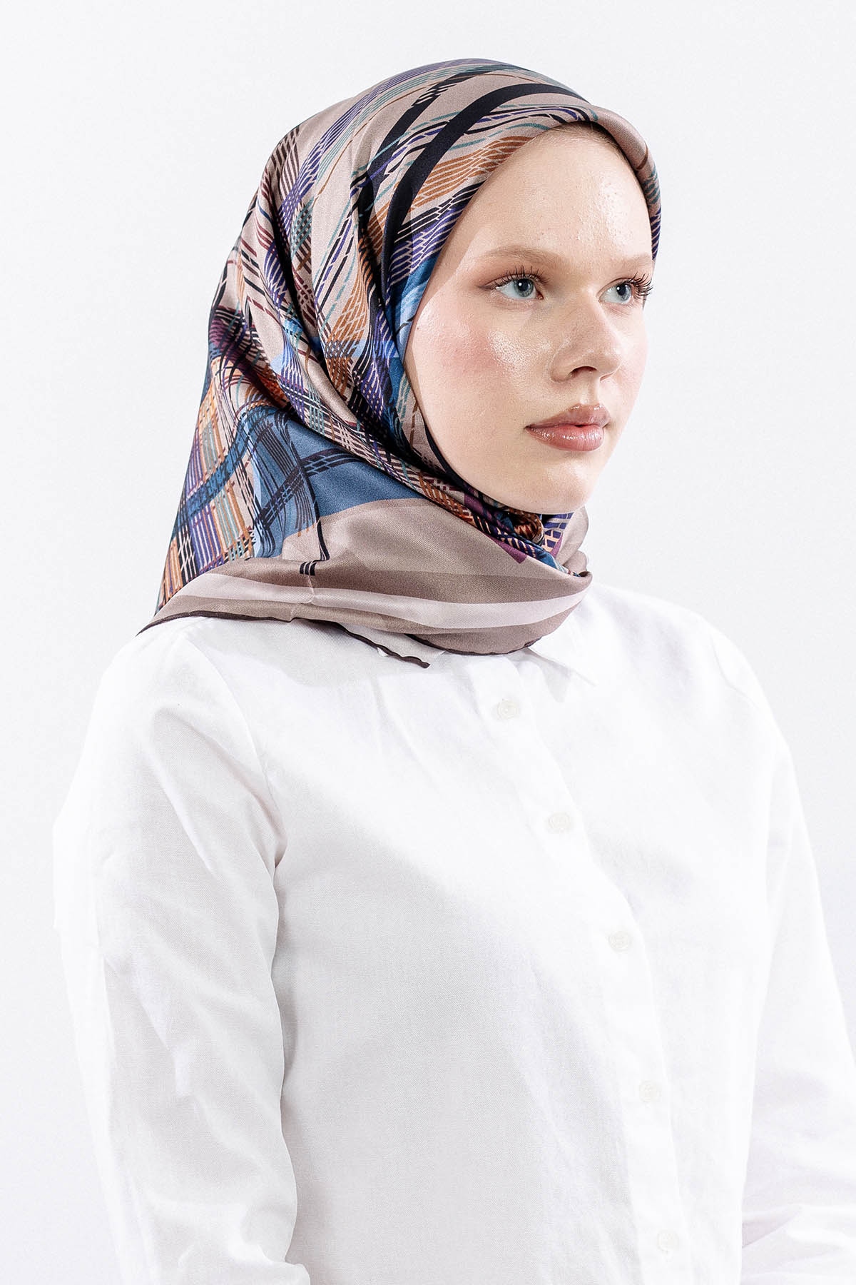 Dg11114 İpek Eşarp 90*90 Tvil Cizgi - Vizon - 2