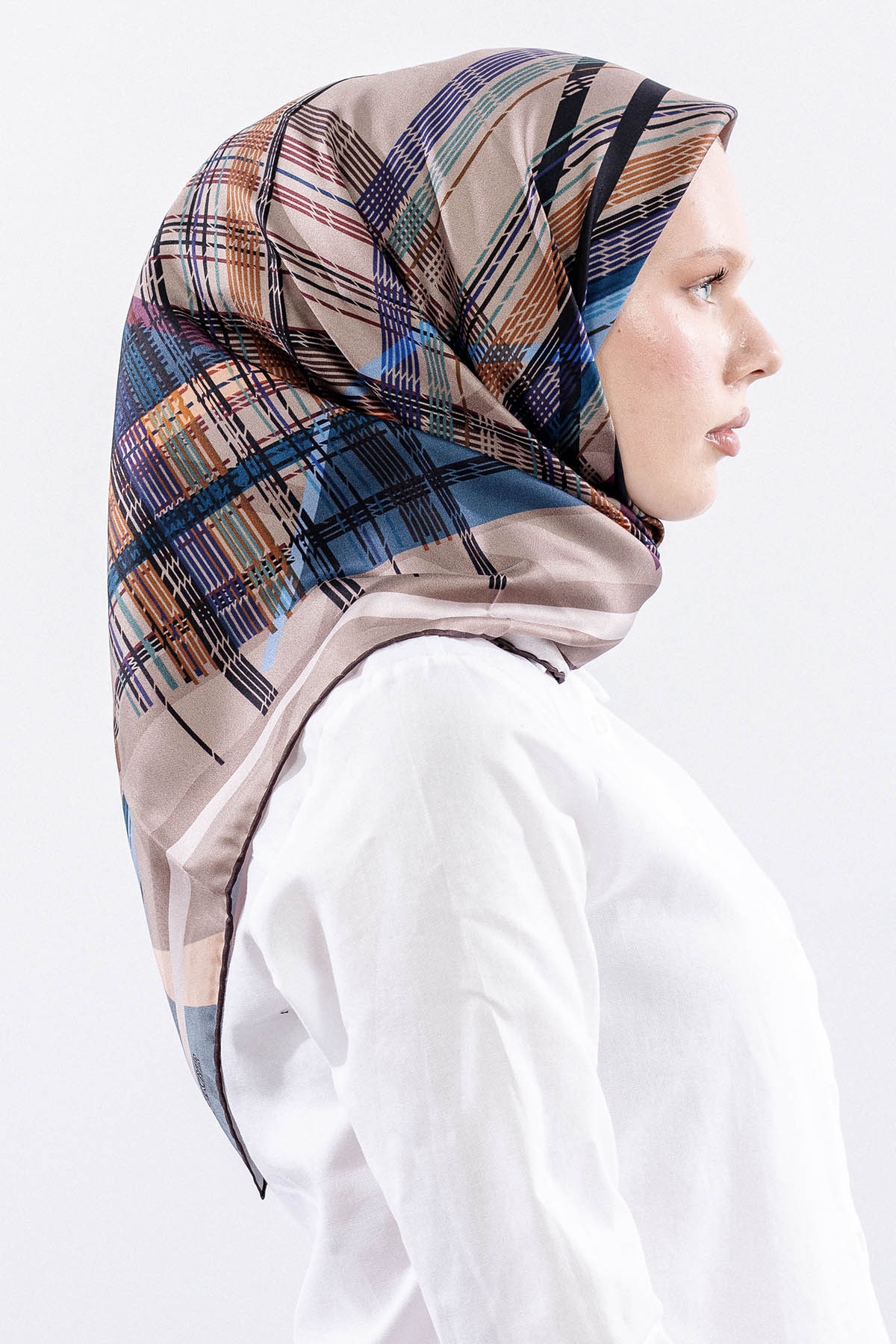 Dg11114 İpek Eşarp 90*90 Tvil Cizgi - Vizon - 3