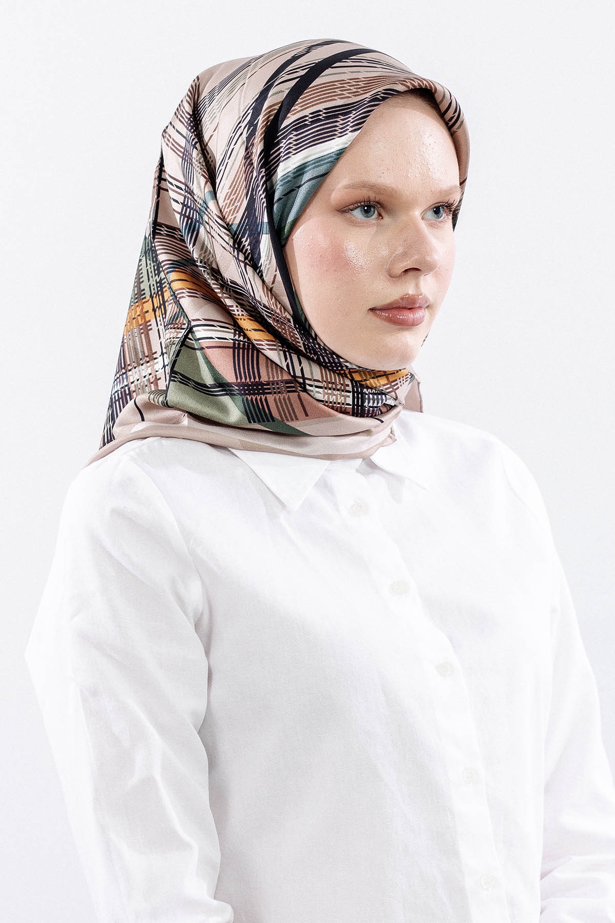 Dg11114 İpek Eşarp 90*90 Tvil Cizgi - Yesil - 2