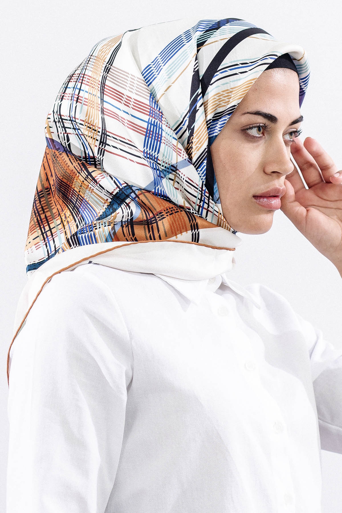 Dg11114 İpek Eşarp Tvil 90*90 Cızgı - Kahve - 2