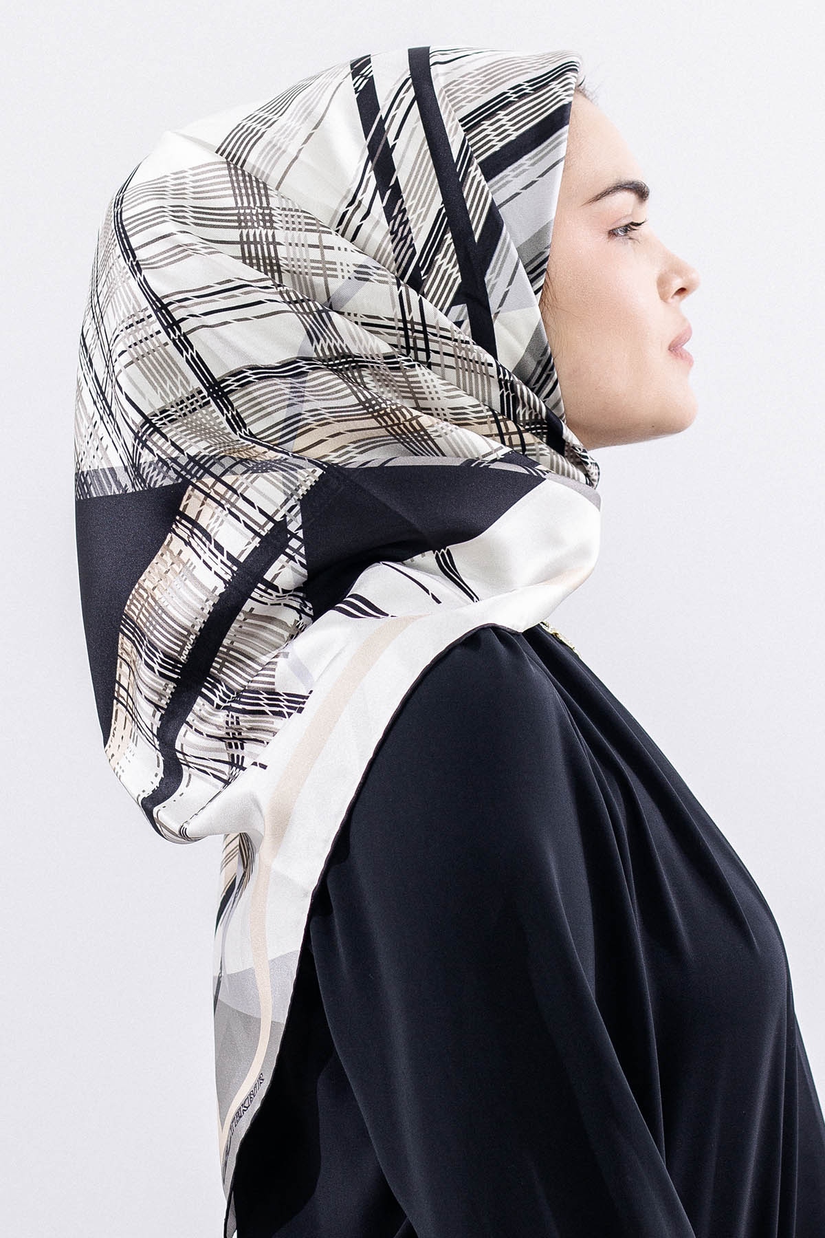 Dg11114 İpek Eşarp Tvil 90*90 Cızgı - Siyah_gri - 1