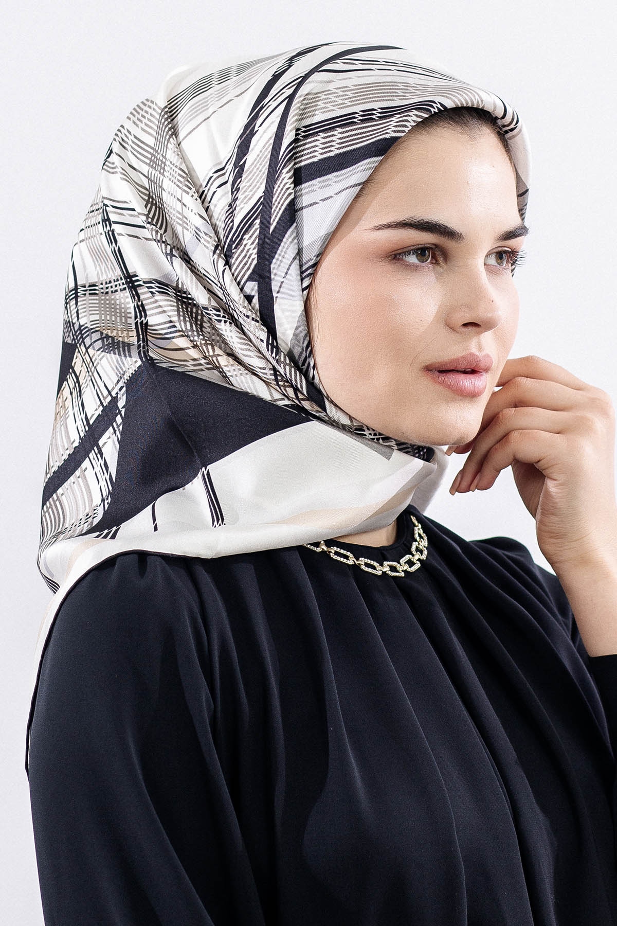 Dg11114 İpek Eşarp Tvil 90*90 Cızgı - Siyah_gri - 2