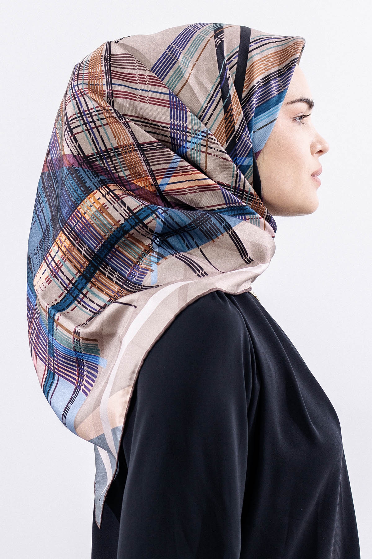 Dg11114 İpek Eşarp Tvil 90*90 Cızgı - Vizon - 1