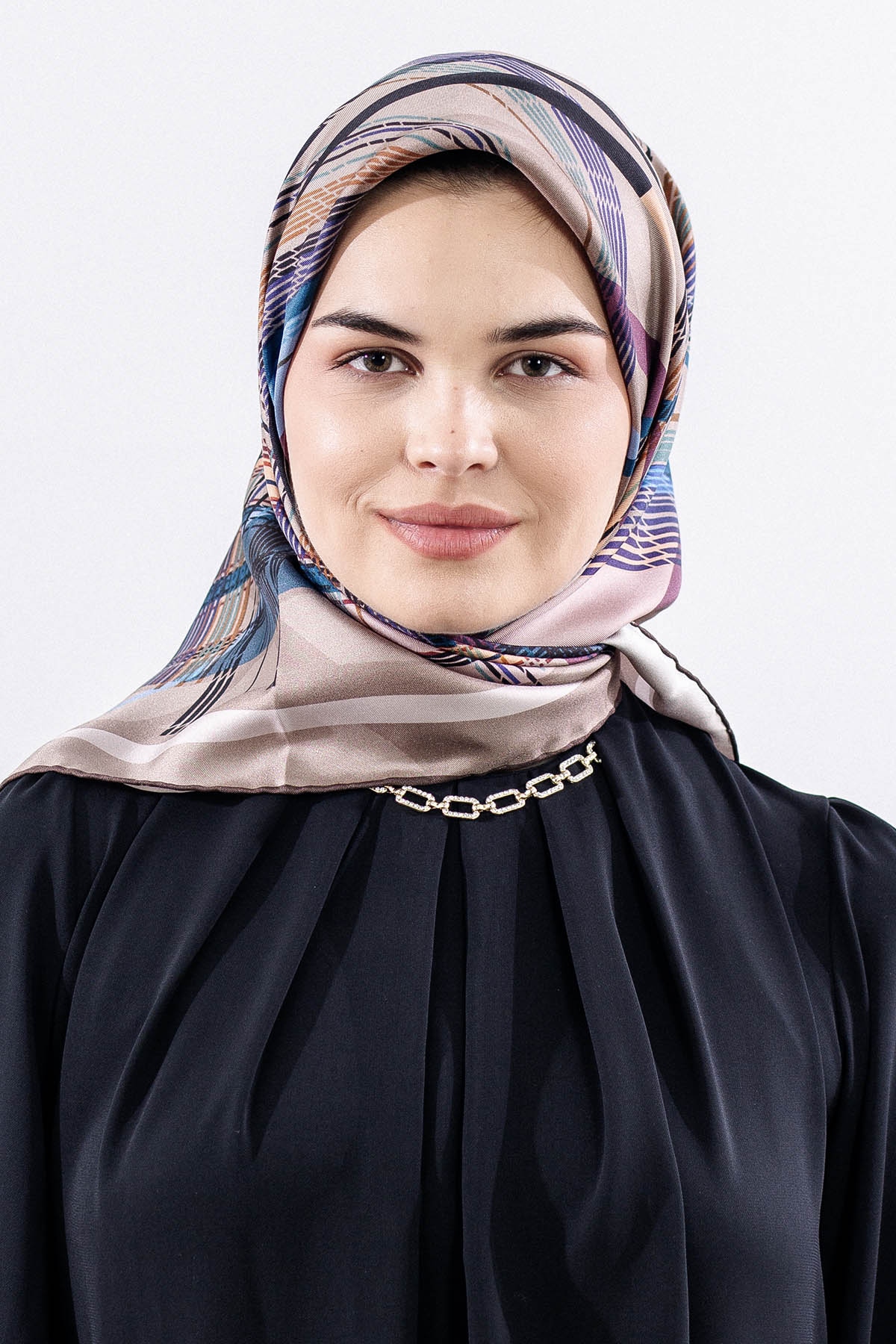 Dg11114 İpek Eşarp Tvil 90*90 Cızgı - Vizon - 3