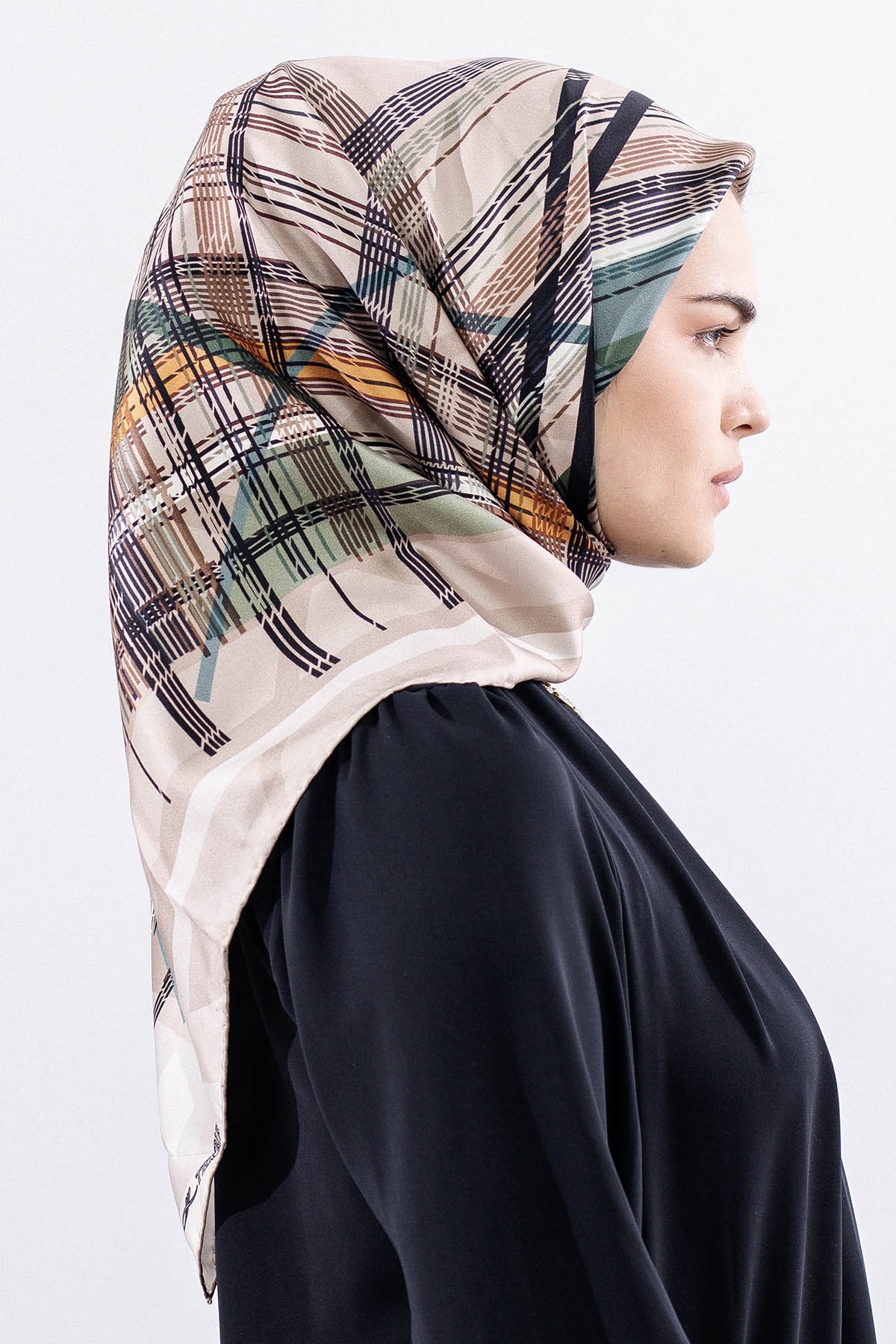 Dg11114 İpek Eşarp Tvil 90*90 Cızgı - Yesil - 1