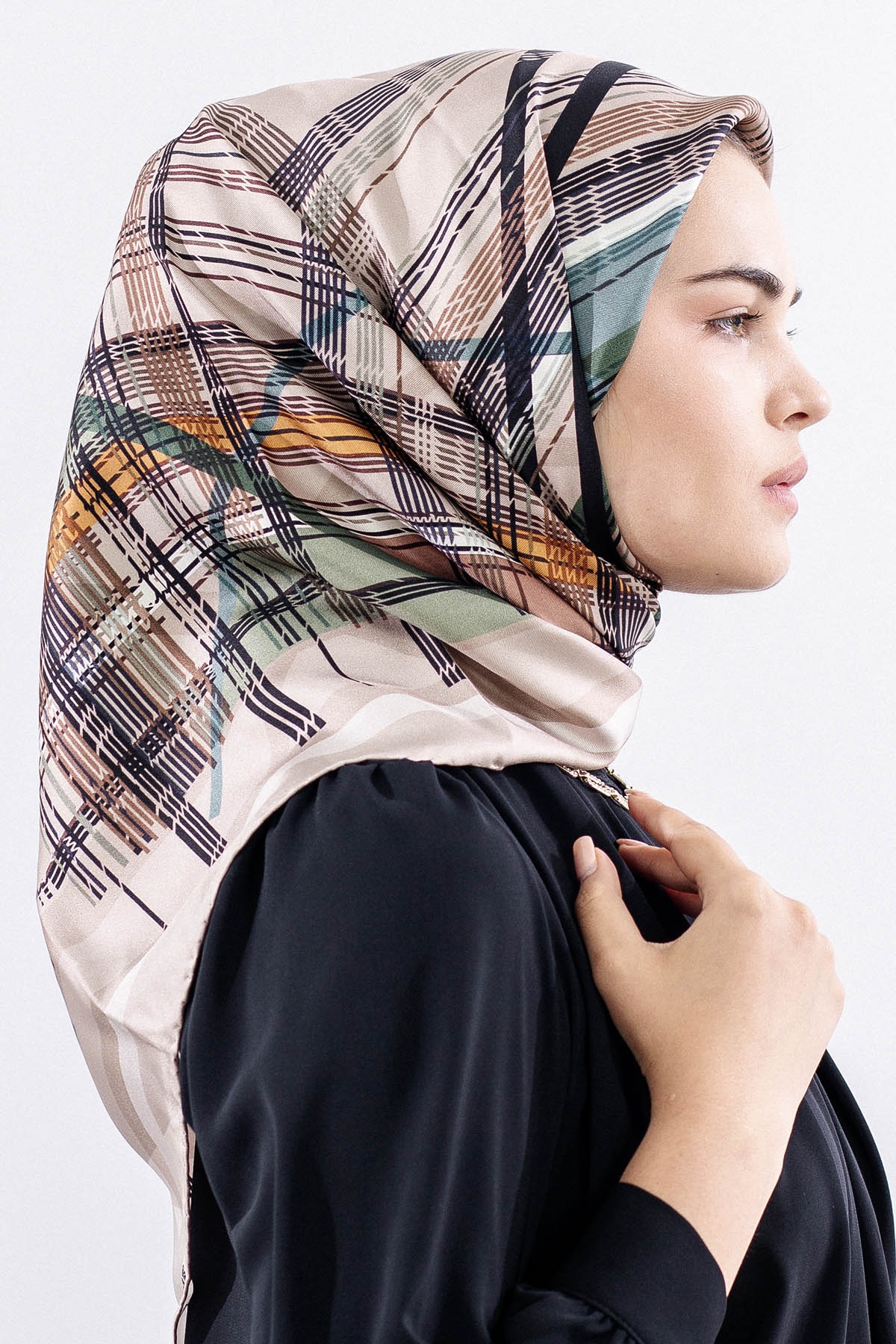 Dg11114 İpek Eşarp Tvil 90*90 Cızgı - Yesil - 2