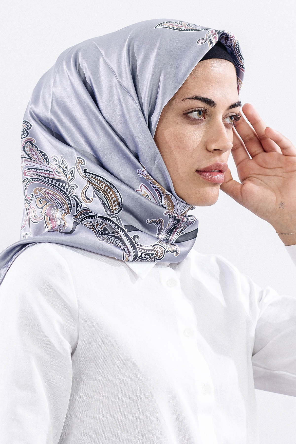 Dg11119 Saten Eşarp şal Desen - Gumus - 2