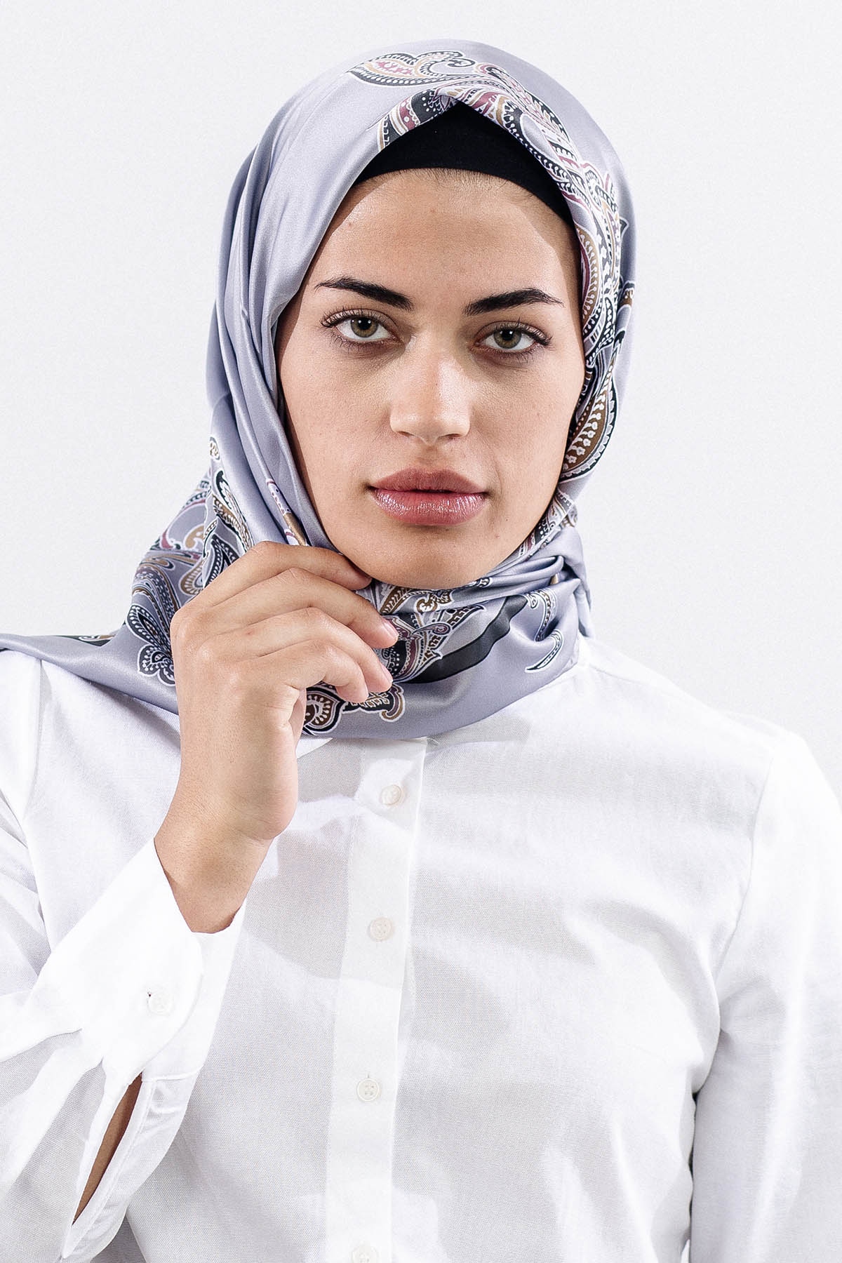 Dg11119 Saten Eşarp şal Desen - Gumus - 3