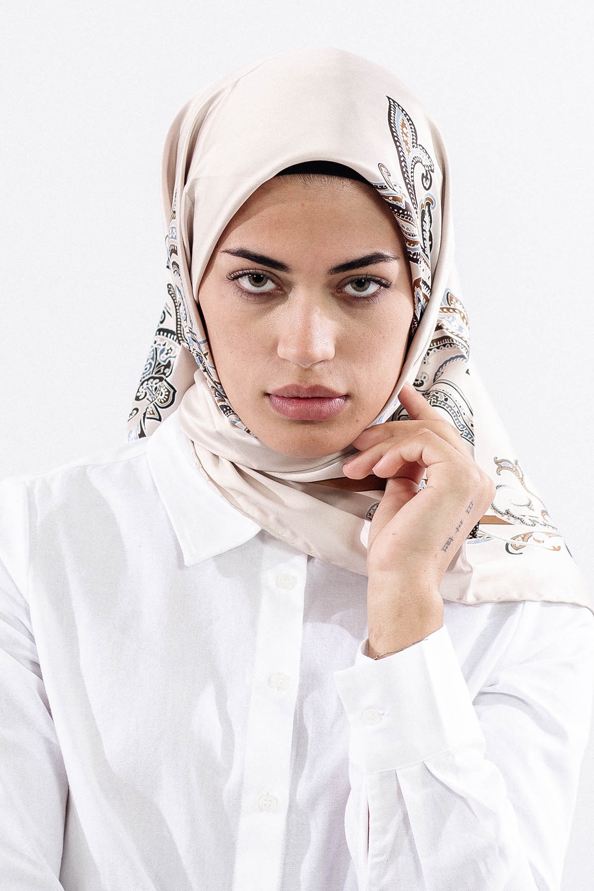 Dg11119 Saten Eşarp şal Desen - Krem - 1