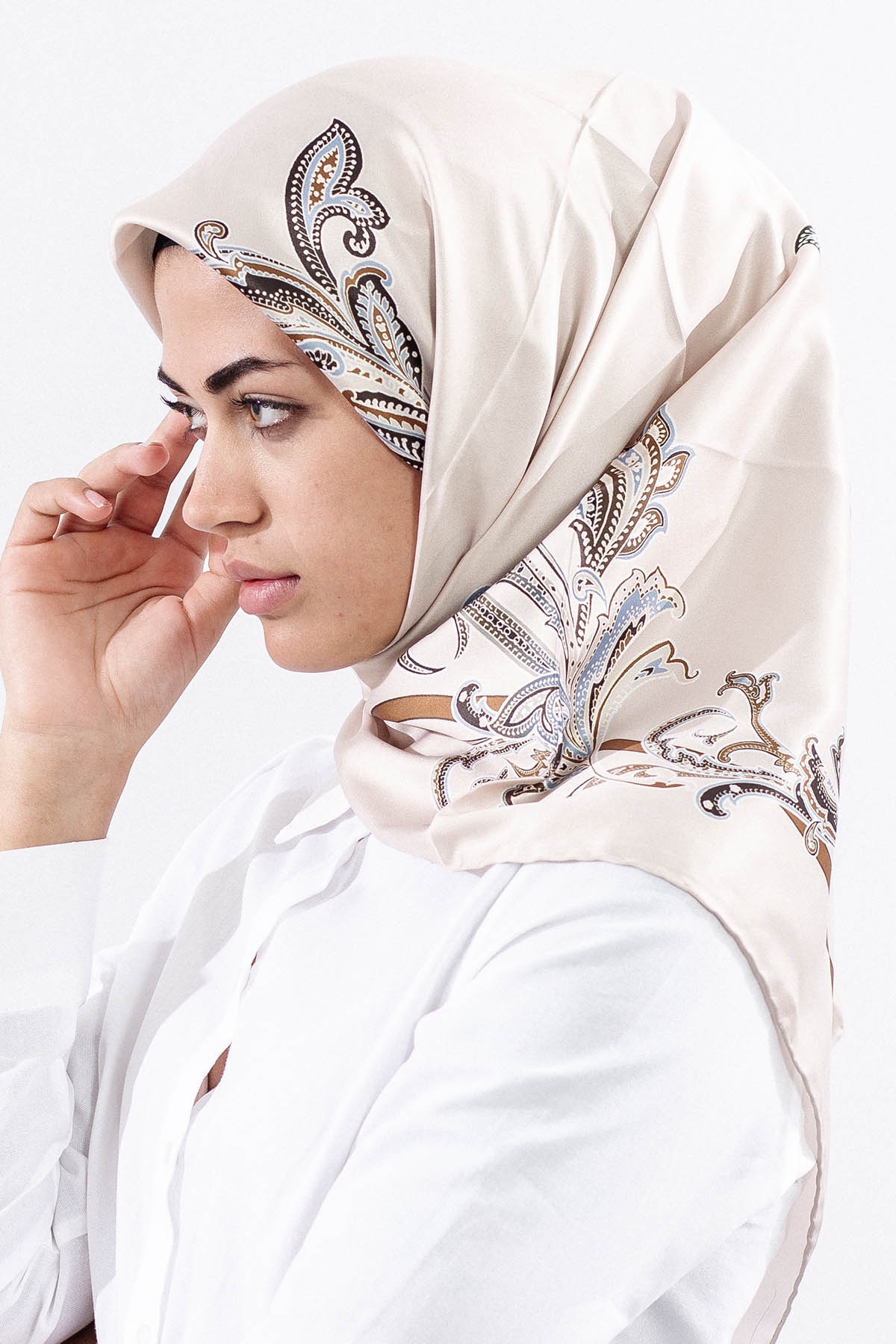 Dg11119 Saten Eşarp şal Desen - Krem - 2