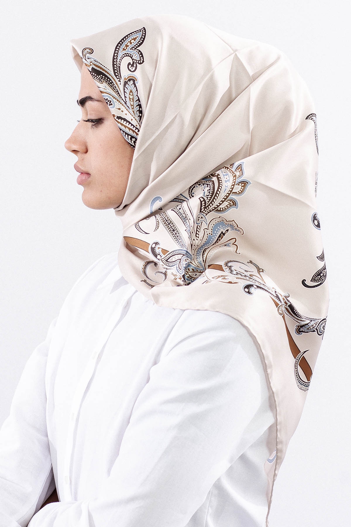 Dg11119 Saten Eşarp şal Desen - Krem - 3