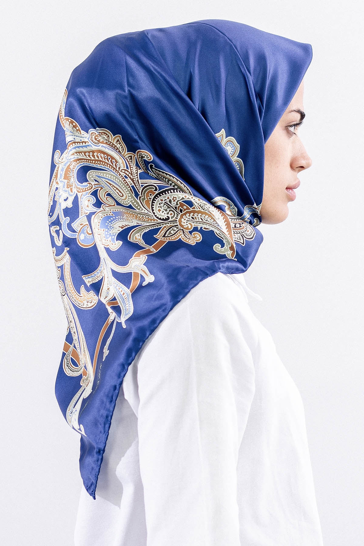 Dg11119 Saten Eşarp şal Desen - Lacivert - 1