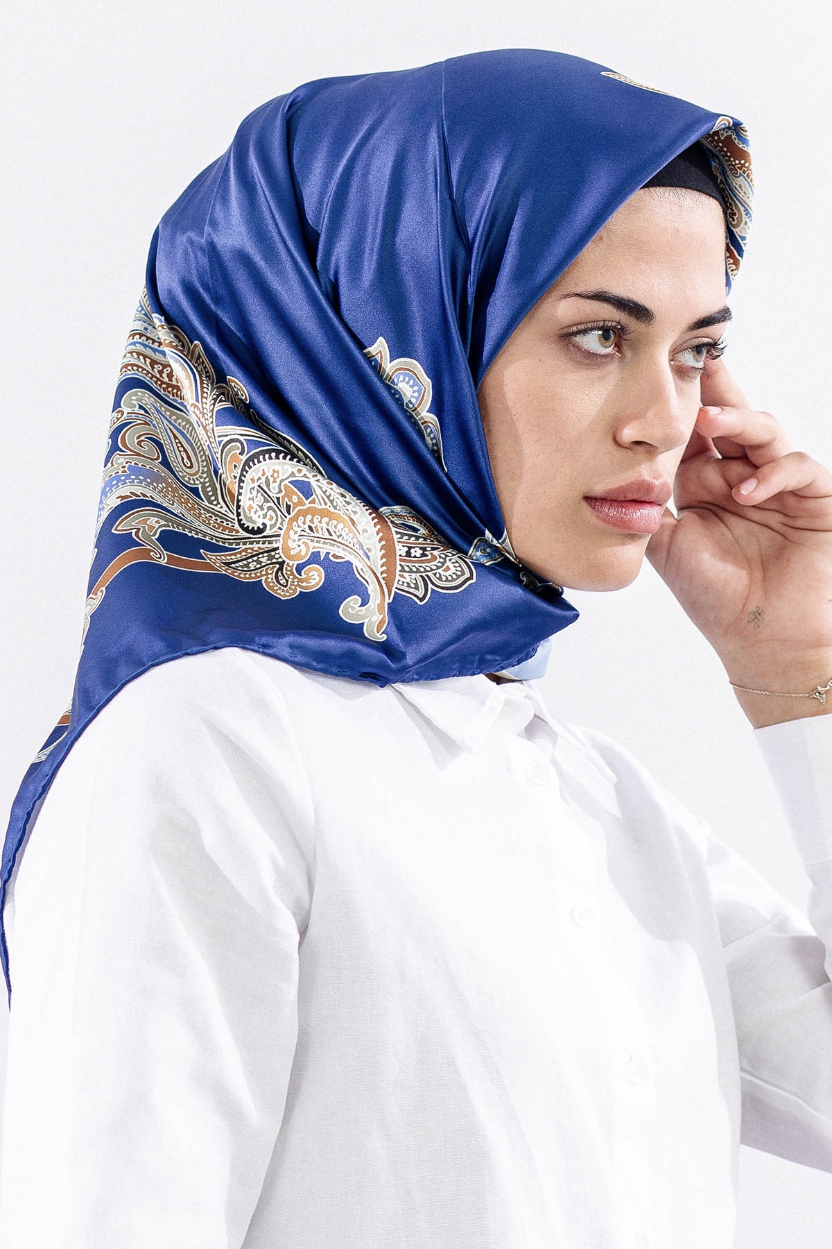 Dg11119 Saten Eşarp şal Desen - Lacivert - 2