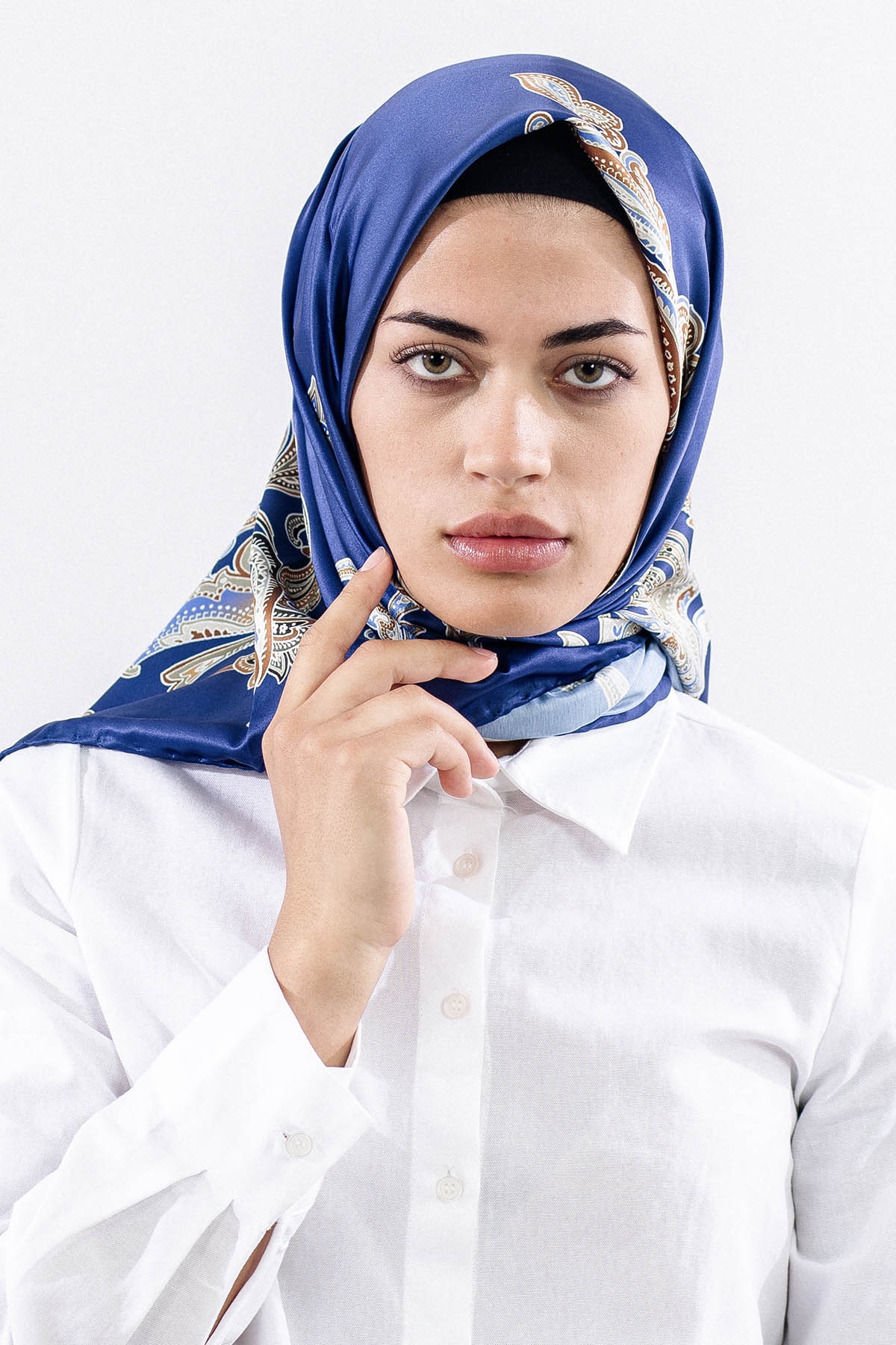 Dg11119 Saten Eşarp şal Desen - Lacivert - 3