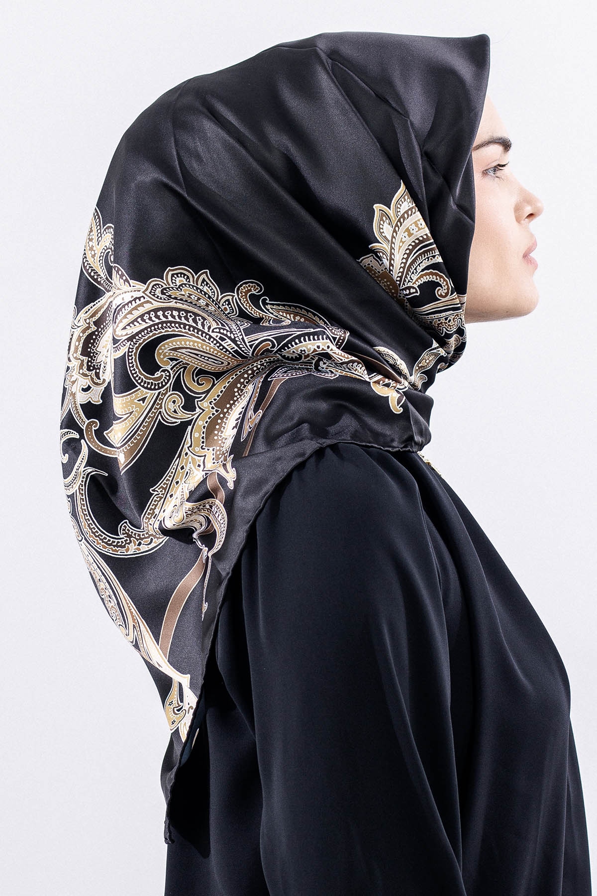 Dg11119 Saten Eşarp şal Desen - Siyah_krem - 1