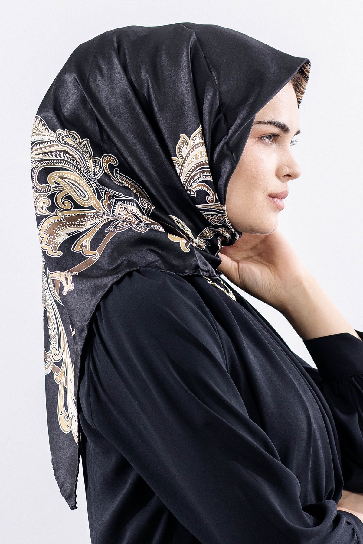 Dg11119 Saten Eşarp şal Desen - Siyah_krem - 2