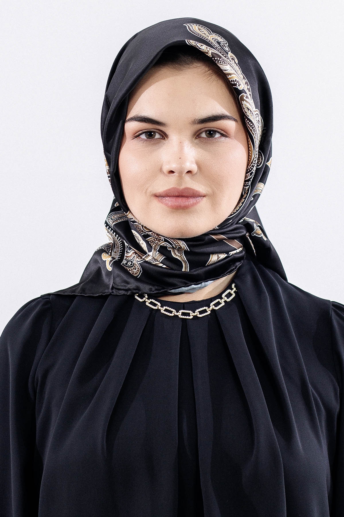 Dg11119 Saten Eşarp şal Desen - Siyah_krem - 3