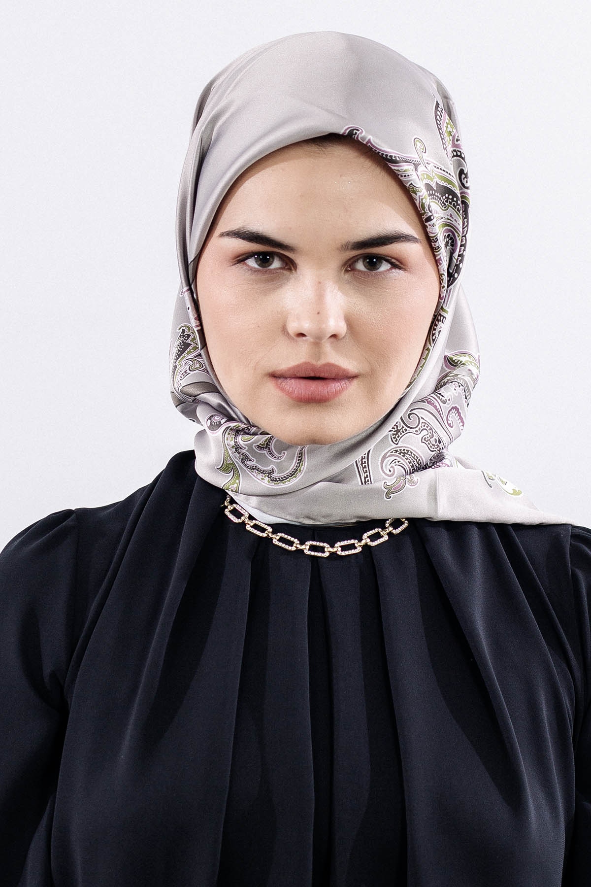 Dg11119 Saten Eşarp şal Desen - Vizon - 1